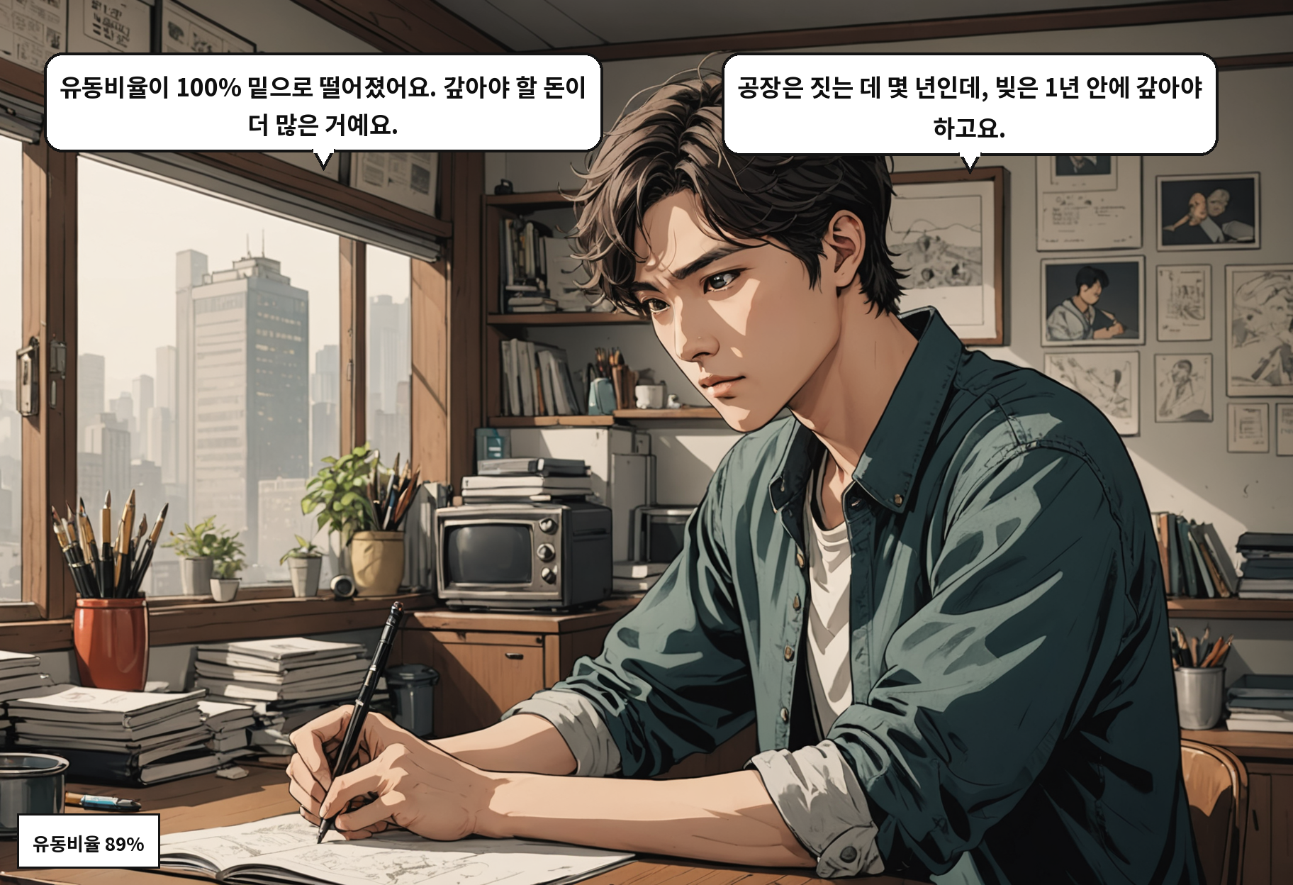 A: 유동비율이 100% 밑으로 떨어졌어요. 갚아야 할 돈이 더 많은 거예요. B: 공장은 짓는 데 몇 년인데, 빚은 1년 안에 갚아야 하고요.
