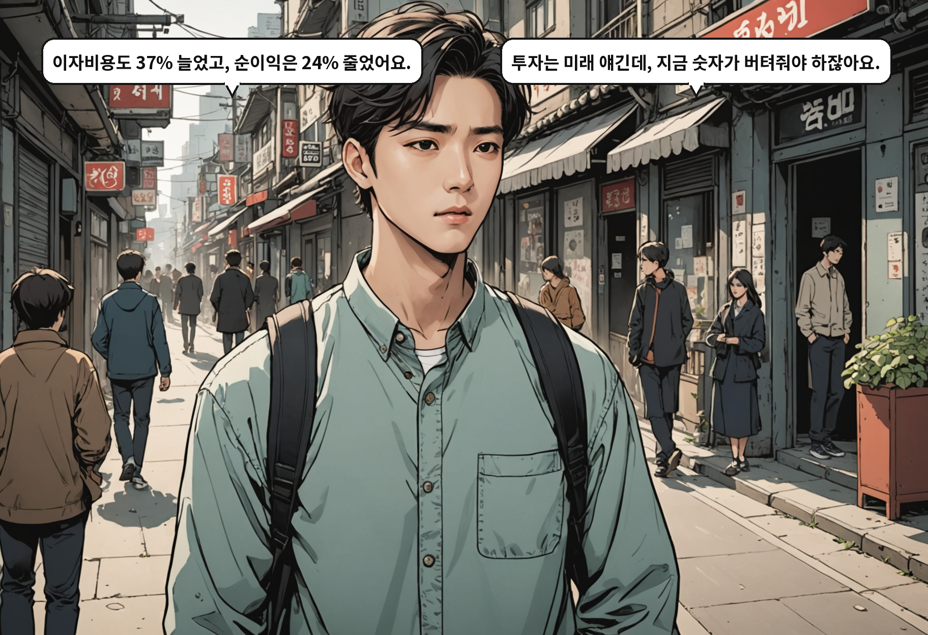 A: 이자비용도 37% 늘었고, 순이익은 24% 줄었어요. B: 투자는 미래 얘긴데, 지금 숫자가 버텨줘야 하잖아요.