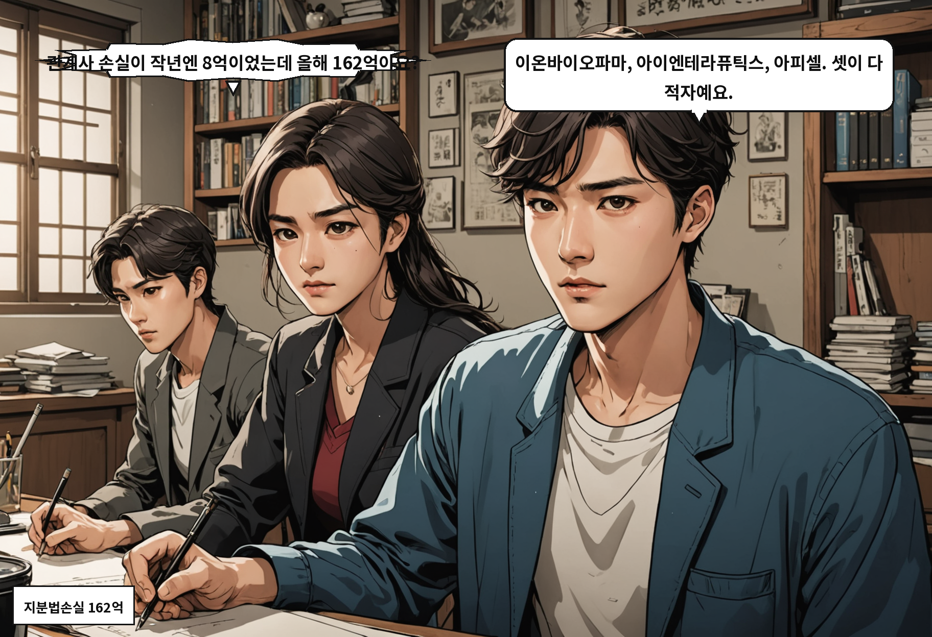 B: 관계사 손실이 작년엔 8억이었는데 올해 162억이요? A: 이온바이오파마, 아이엔테라퓨틱스, 아피셀. 셋이 다 적자예요.