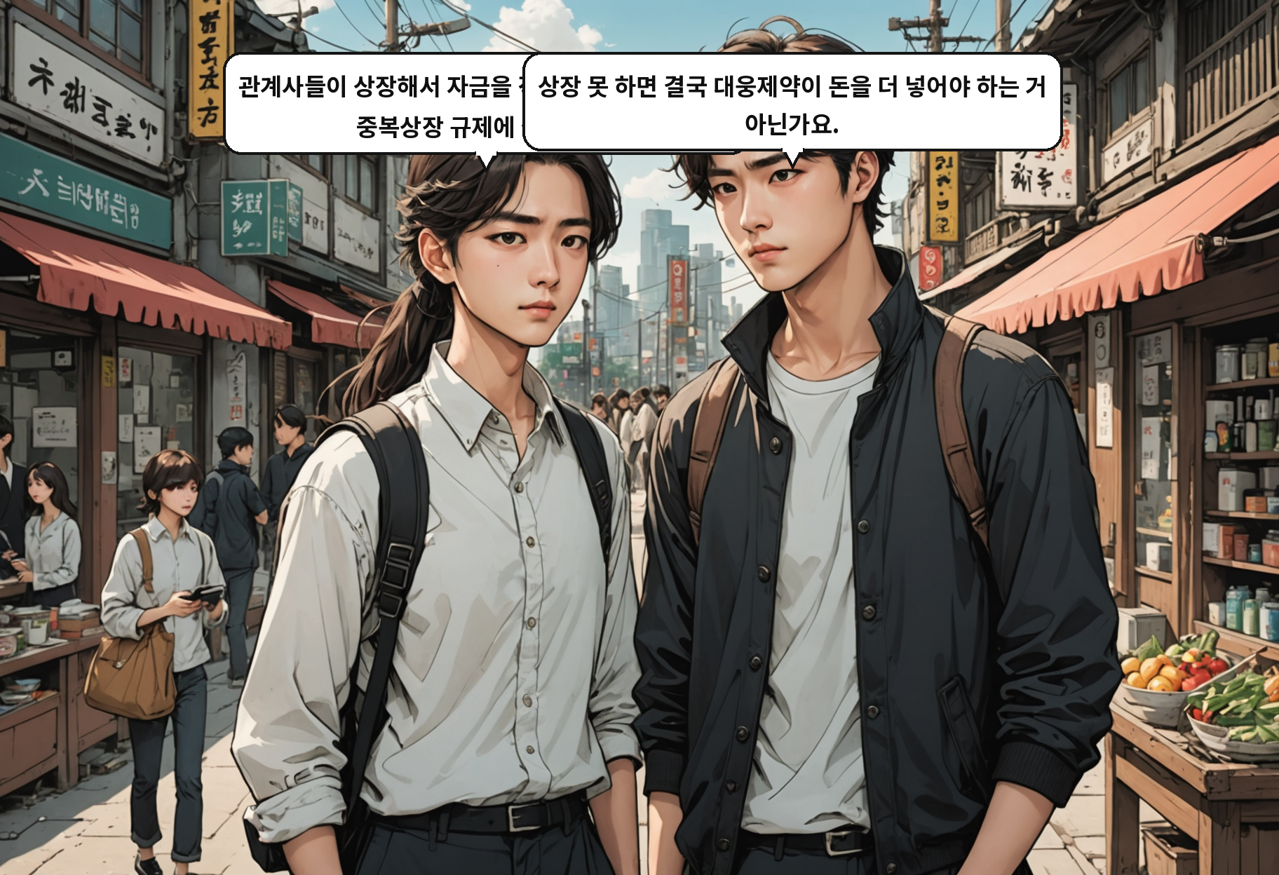 A: 관계사들이 상장해서 자금을 직접 조달하면 됐는데, 중복상장 규제에 걸렸어요. B: 상장 못 하면 결국 대웅제약이 돈을 더 넣어야 하는 거 아닌가요.