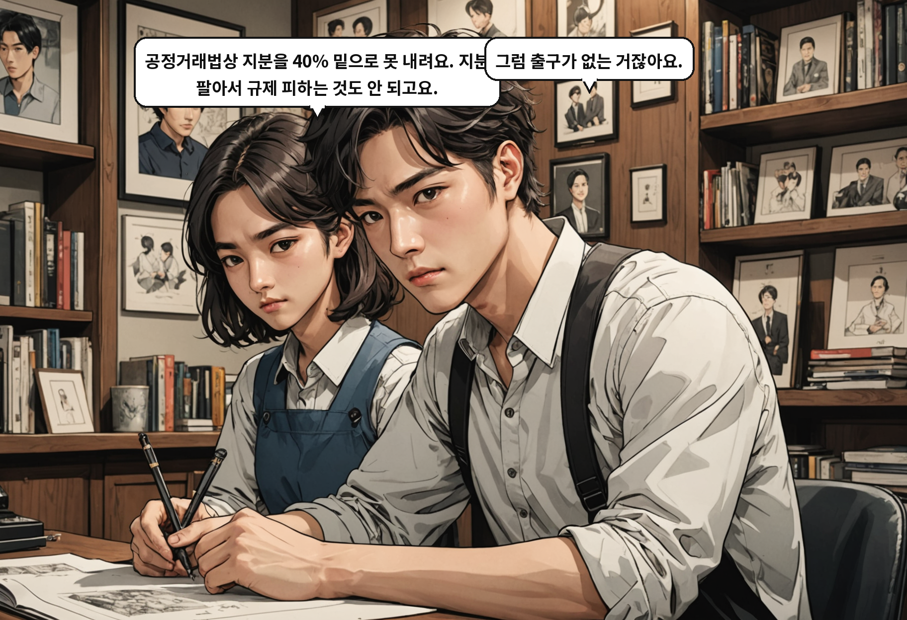 A: 공정거래법상 지분을 40% 밑으로 못 내려요. 지분 팔아서 규제 피하는 것도 안 되고요. B: 그럼 출구가 없는 거잖아요.