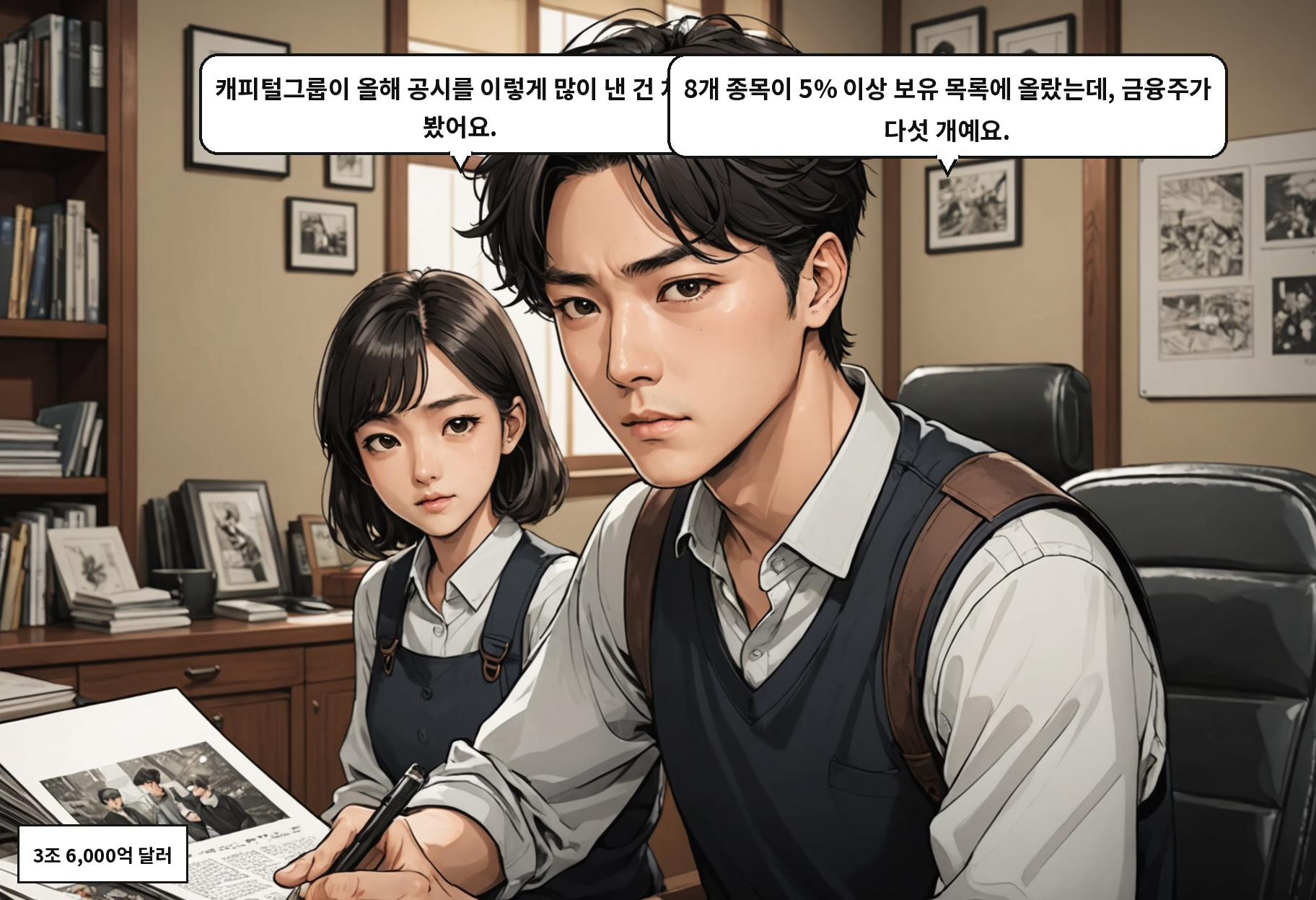 B: 캐피털그룹이 올해 공시를 이렇게 많이 낸 건 처음 봤어요. A: 8개 종목이 5% 이상 보유 목록에 올랐는데, 금융주가 다섯 개예요.