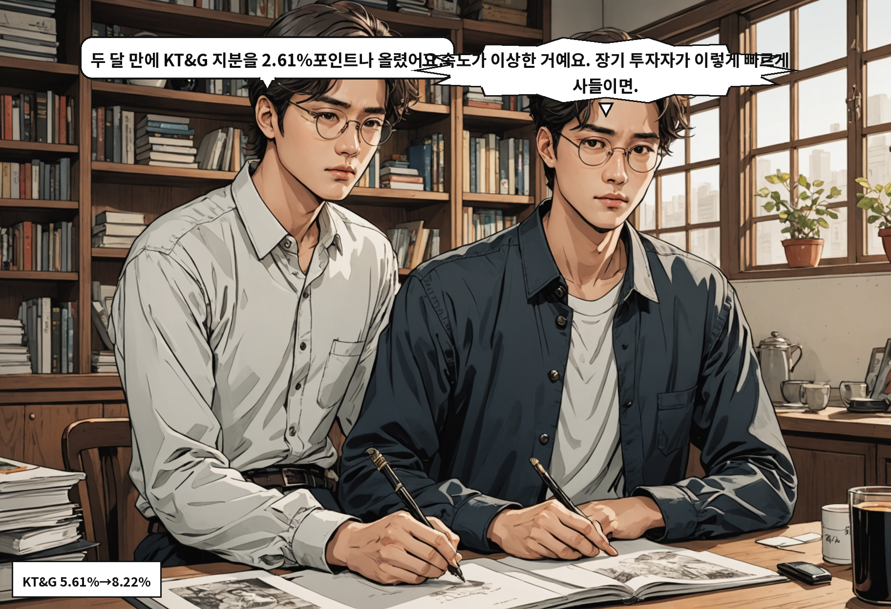 A: 두 달 만에 KT&G 지분을 2.61%포인트나 올렸어요. B: 그 속도가 이상한 거예요. 장기 투자자가 이렇게 빠르게 사들이면.