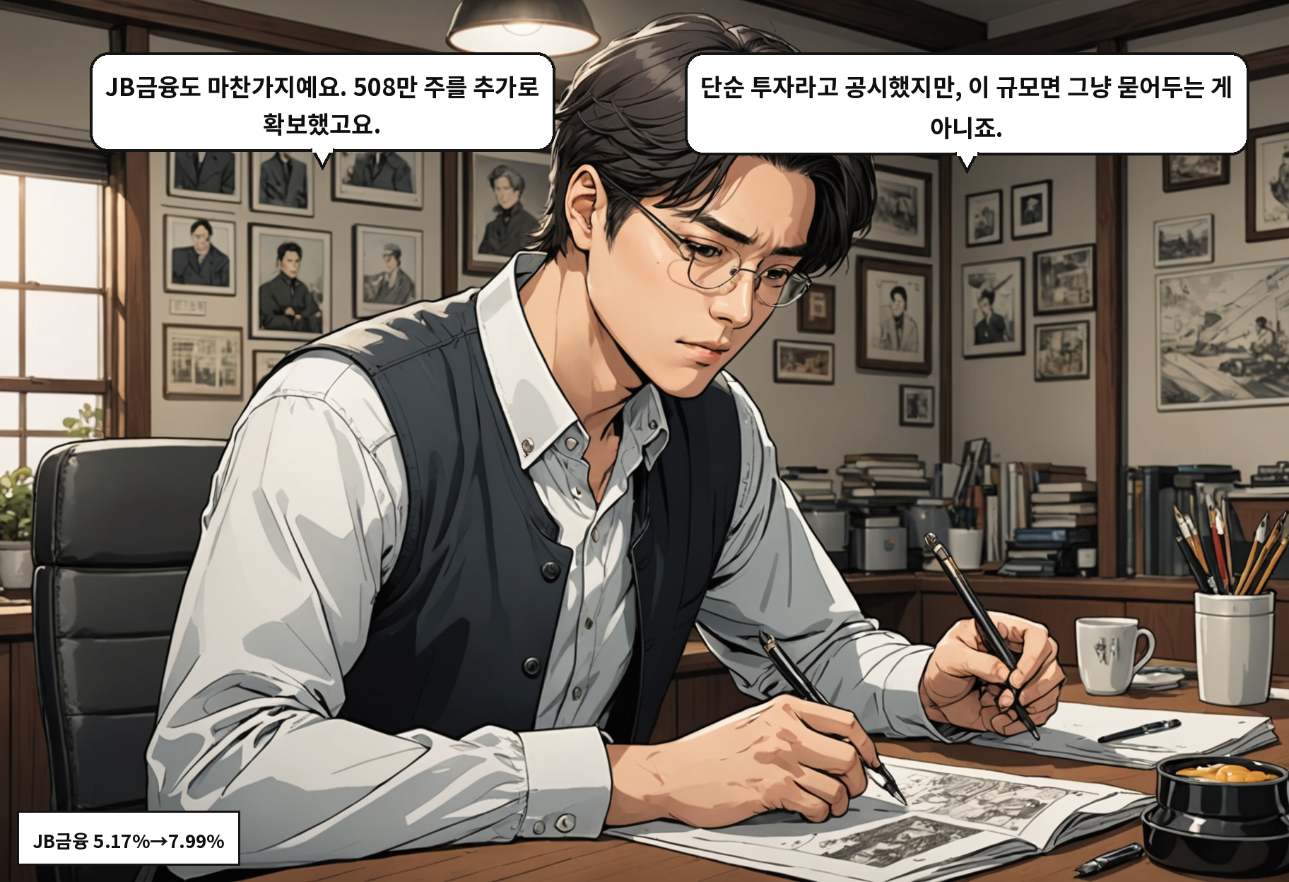 A: JB금융도 마찬가지예요. 508만 주를 추가로 확보했고요. B: 단순 투자라고 공시했지만, 이 규모면 그냥 묻어두는 게 아니죠.