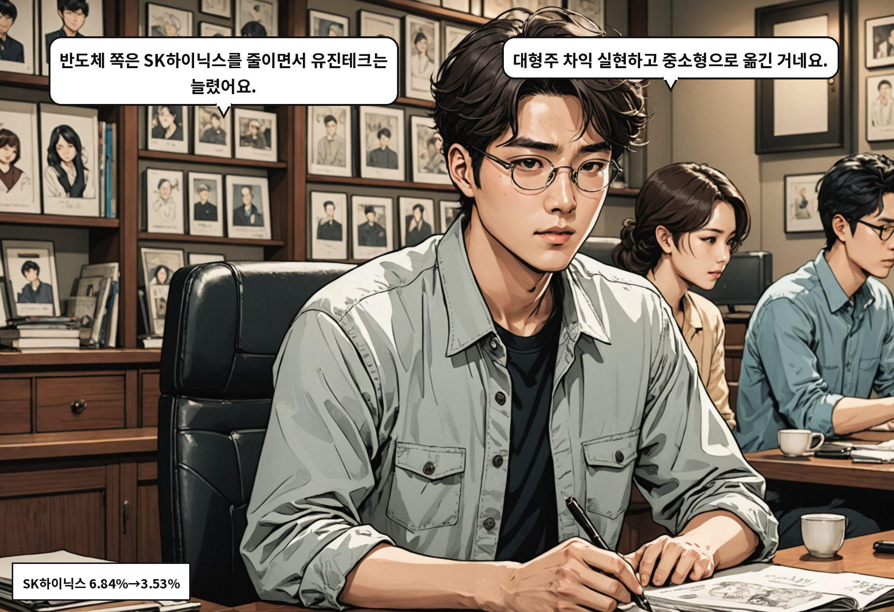 A: 반도체 쪽은 SK하이닉스를 줄이면서 유진테크는 늘렸어요. B: 대형주 차익 실현하고 중소형으로 옮긴 거네요.