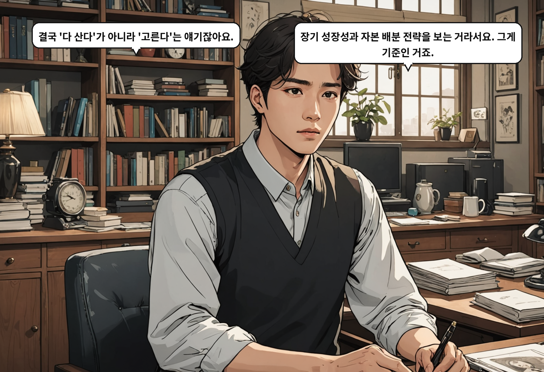 B: 결국 '다 산다'가 아니라 '고른다'는 얘기잖아요. A: 장기 성장성과 자본 배분 전략을 보는 거라서요. 그게 기준인 거죠.