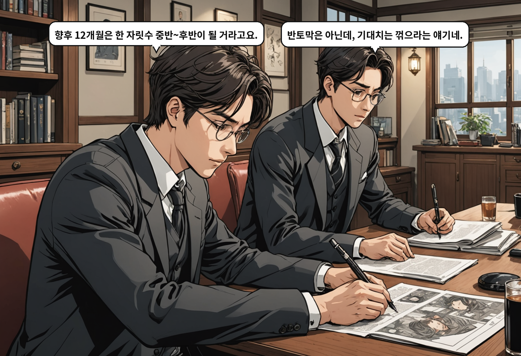 A: 향후 12개월은 한 자릿수 중반~후반이 될 거라고요. B: 반토막은 아닌데, 기대치는 꺾으라는 얘기네.