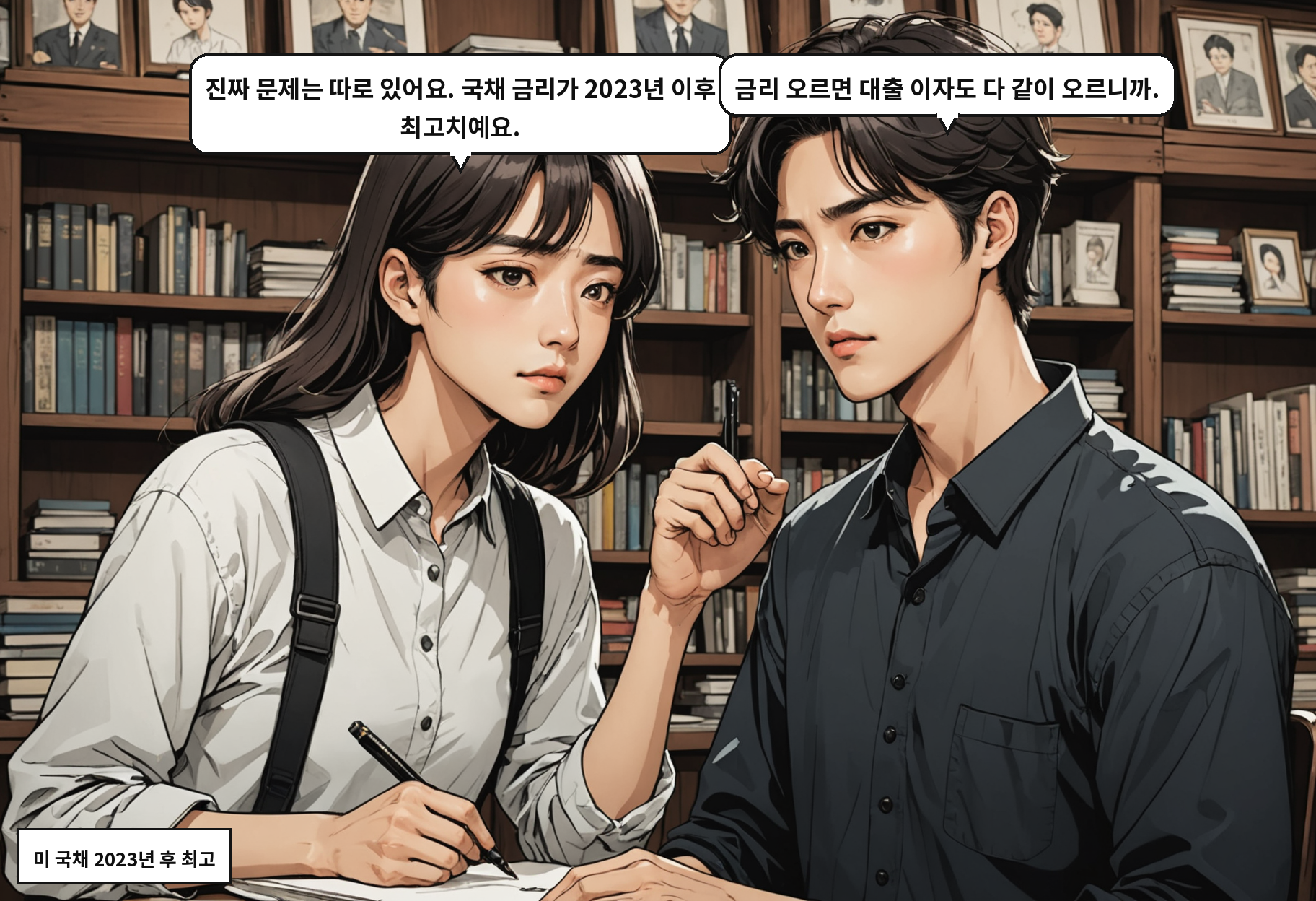 A: 진짜 문제는 따로 있어요. 국채 금리가 2023년 이후 최고치예요. B: 금리 오르면 대출 이자도 다 같이 오르니까.