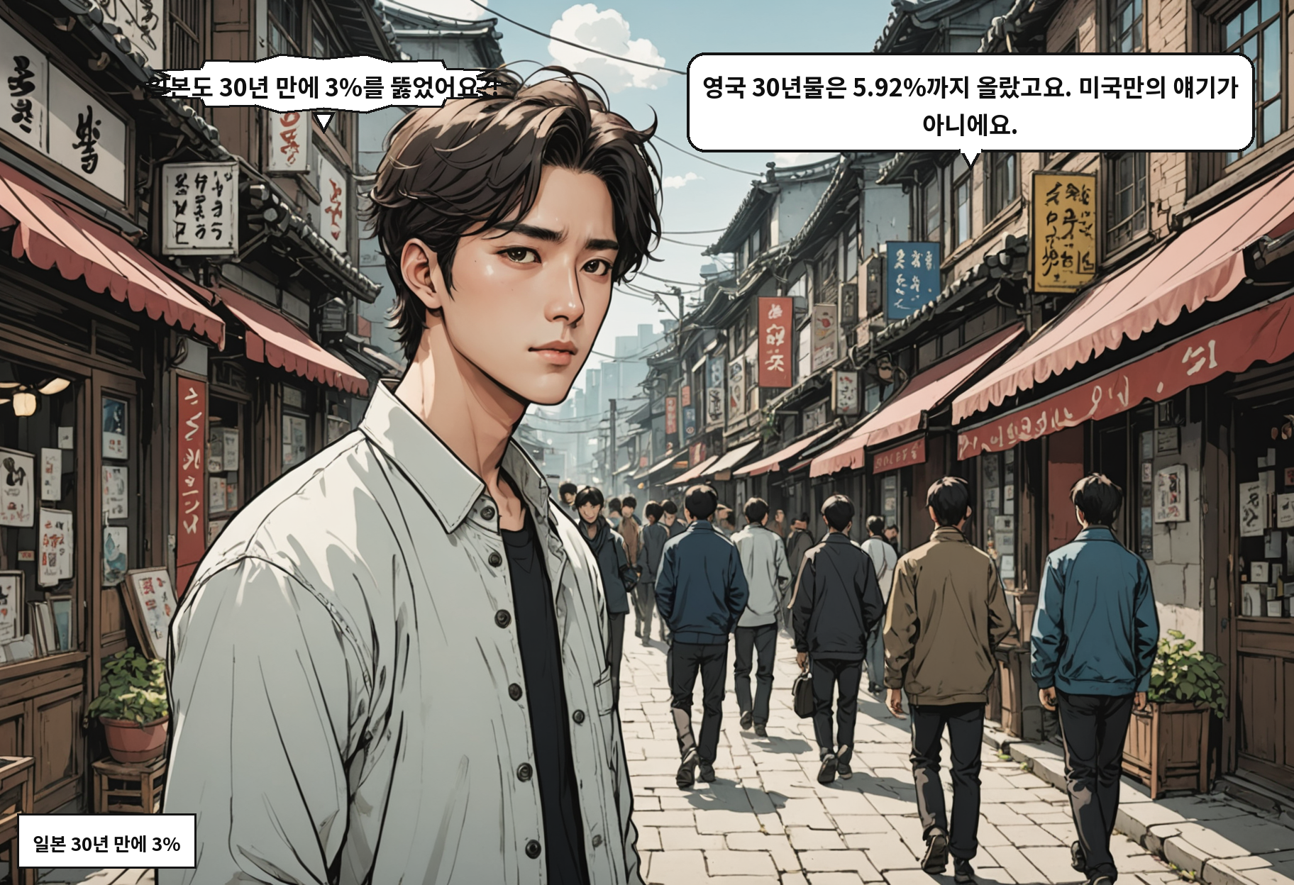 B: 일본도 30년 만에 3%를 뚫었어요?! A: 영국 30년물은 5.92%까지 올랐고요. 미국만의 얘기가 아니에요.