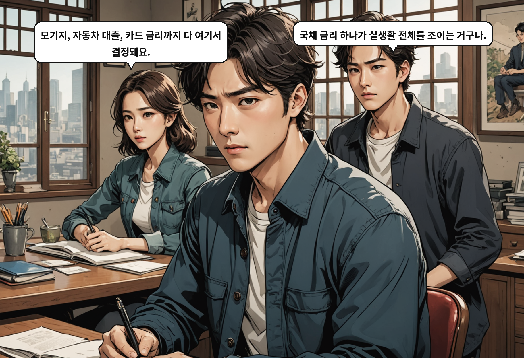 A: 모기지, 자동차 대출, 카드 금리까지 다 여기서 결정돼요. B: 국채 금리 하나가 실생활 전체를 조이는 거구나.