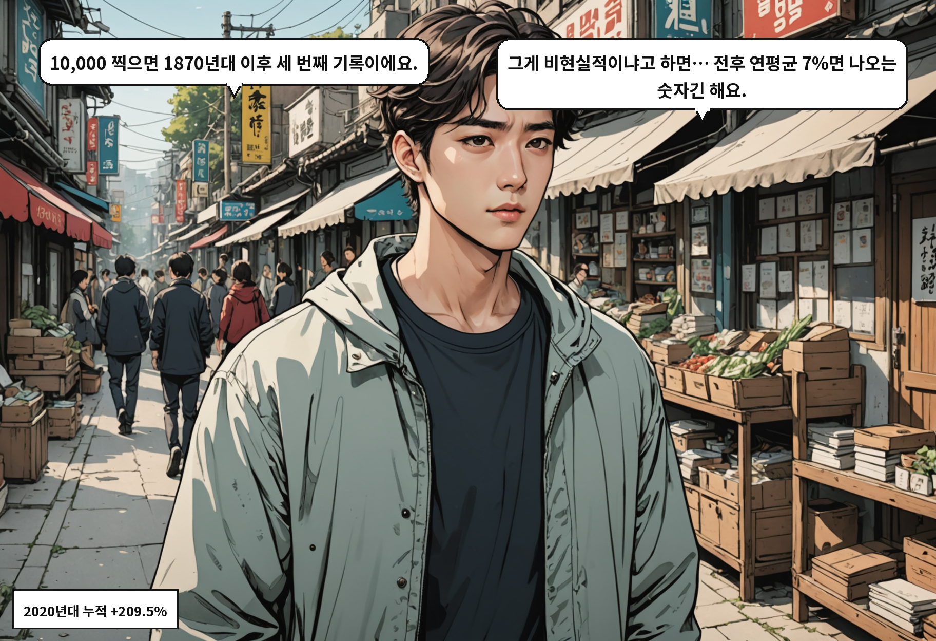 A: 10,000 찍으면 1870년대 이후 세 번째 기록이에요. B: 그게 비현실적이냐고 하면… 전후 연평균 7%면 나오는 숫자긴 해요.