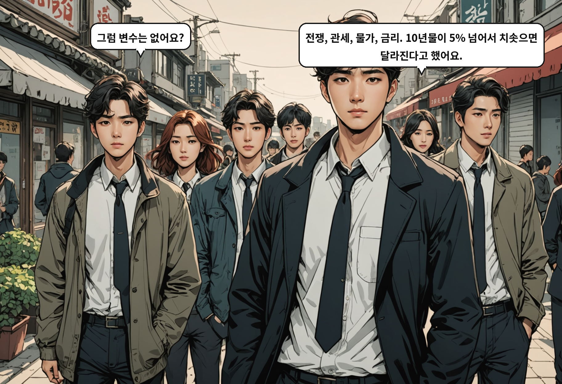 B: 그럼 변수는 없어요? A: 전쟁, 관세, 물가, 금리. 10년물이 5% 넘어서 치솟으면 달라진다고 했어요.