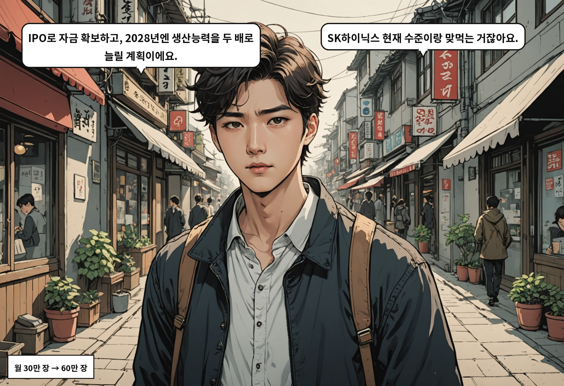 A: IPO로 자금 확보하고, 2028년엔 생산능력을 두 배로 늘릴 계획이에요. B: SK하이닉스 현재 수준이랑 맞먹는 거잖아요.