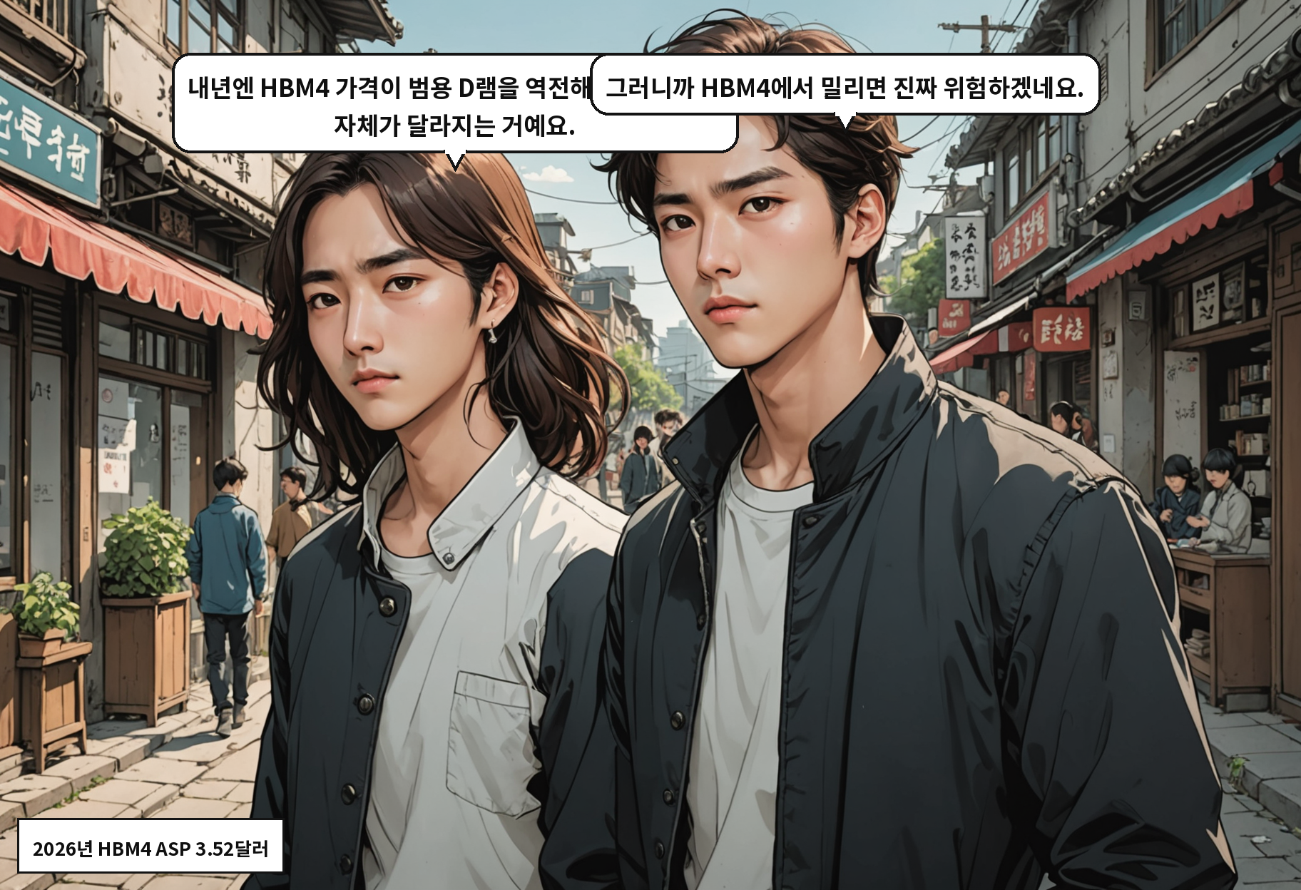 A: 내년엔 HBM4 가격이 범용 D램을 역전해요. 수익 구조 자체가 달라지는 거예요. B: 그러니까 HBM4에서 밀리면 진짜 위험하겠네요.