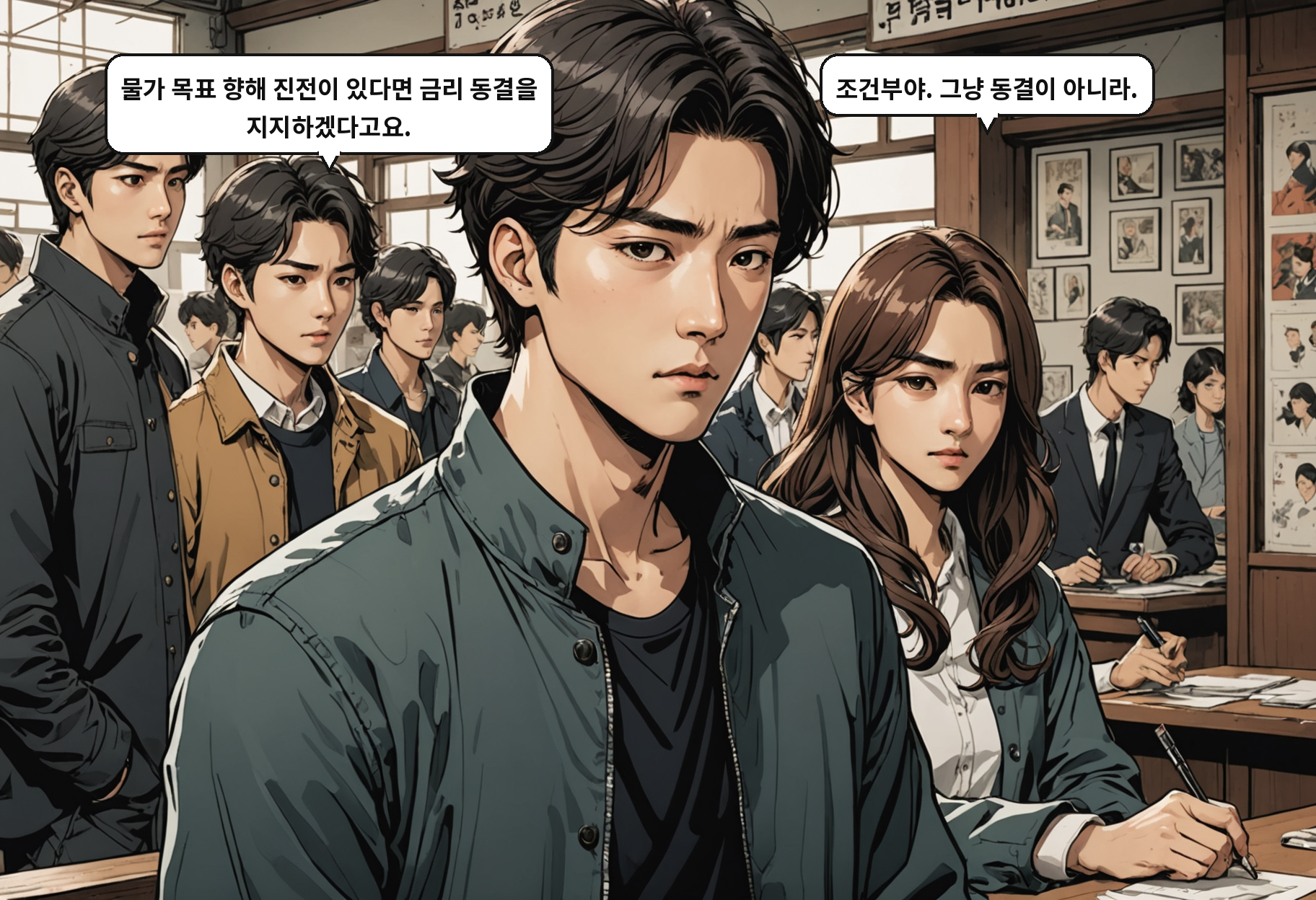 A: 물가 목표 향해 진전이 있다면 금리 동결을 지지하겠다고요. B: 조건부야. 그냥 동결이 아니라.