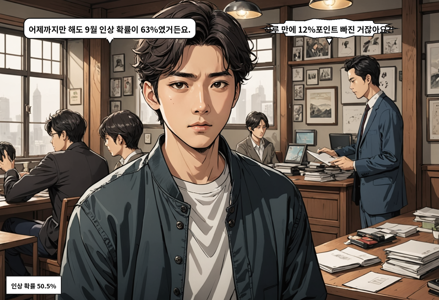 A: 어제까지만 해도 9월 인상 확률이 63%였거든요. B: 하루 만에 12%포인트 빠진 거잖아요?!