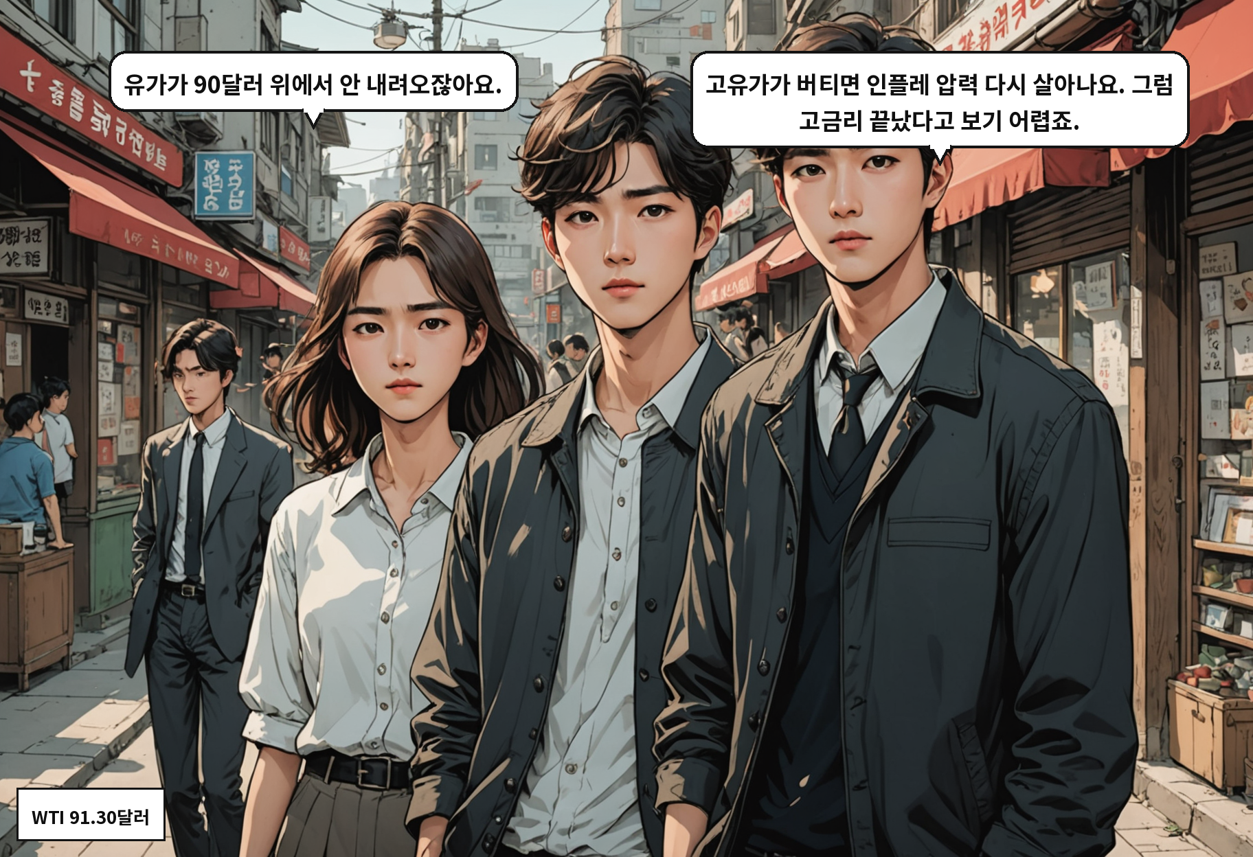 B: 유가가 90달러 위에서 안 내려오잖아요. A: 고유가가 버티면 인플레 압력 다시 살아나요. 그럼 고금리 끝났다고 보기 어렵죠.