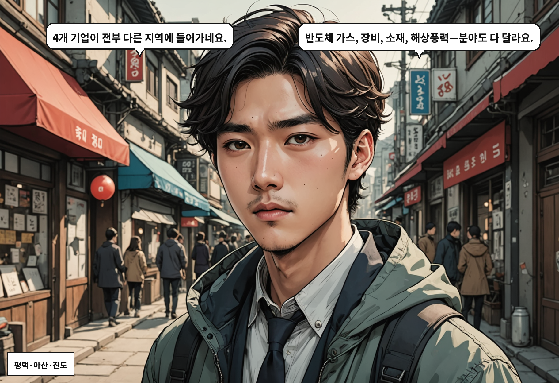 A: 4개 기업이 전부 다른 지역에 들어가네요. B: 반도체 가스, 장비, 소재, 해상풍력—분야도 다 달라요.