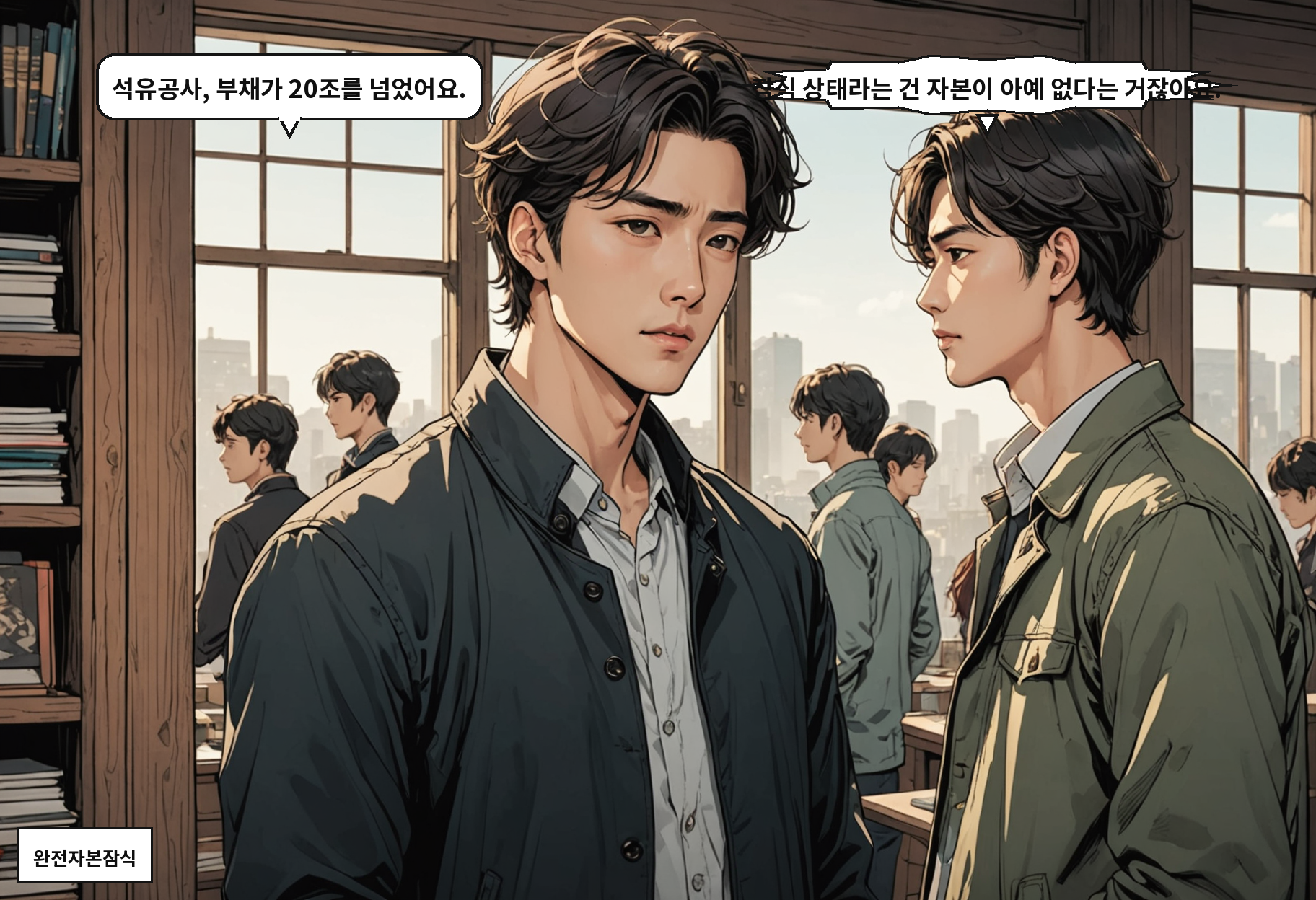 A: 석유공사, 부채가 20조를 넘었어요. B: 잠식 상태라는 건 자본이 아예 없다는 거잖아요.
