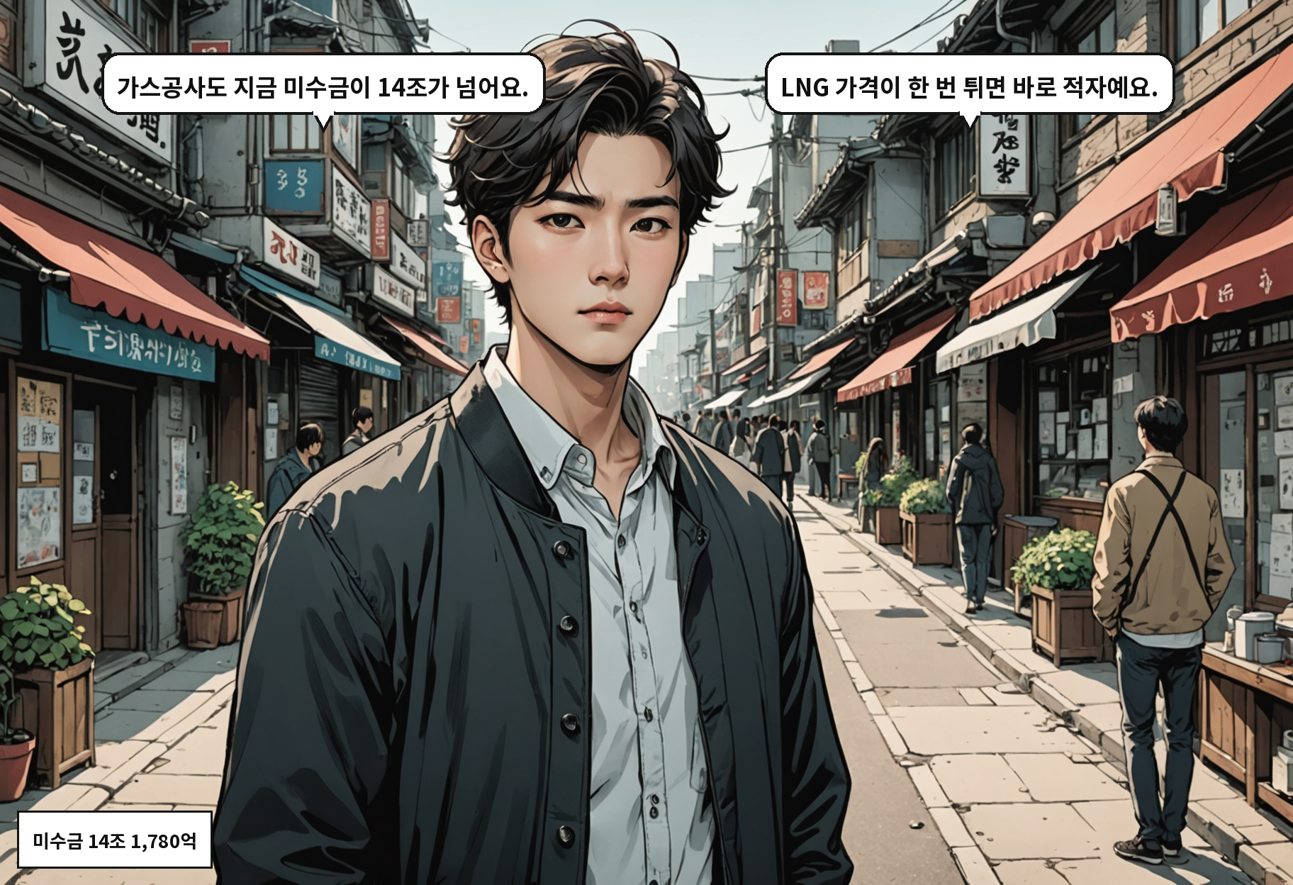 A: 가스공사도 지금 미수금이 14조가 넘어요. B: LNG 가격이 한 번 튀면 바로 적자예요.