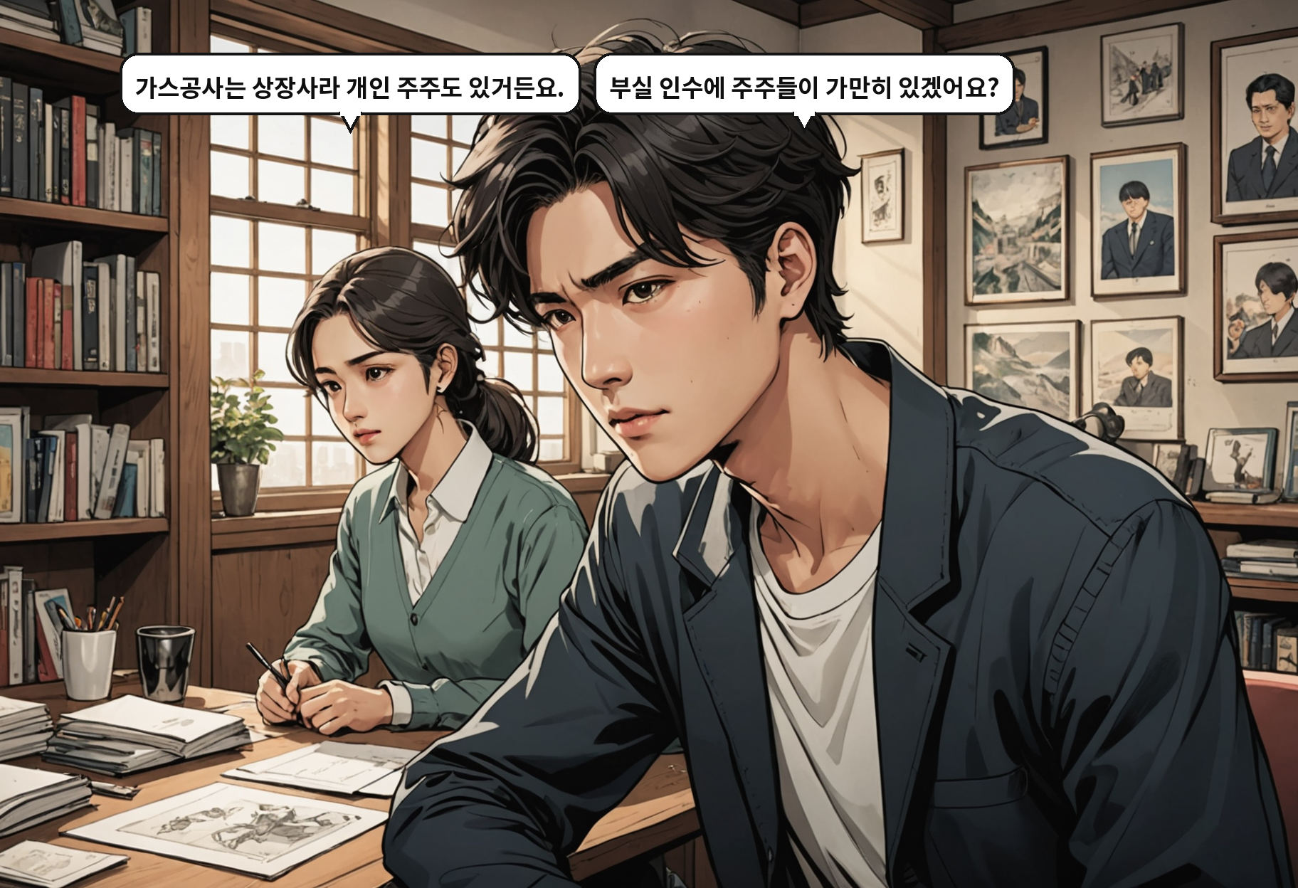 A: 가스공사는 상장사라 개인 주주도 있거든요. B: 부실 인수에 주주들이 가만히 있겠어요?