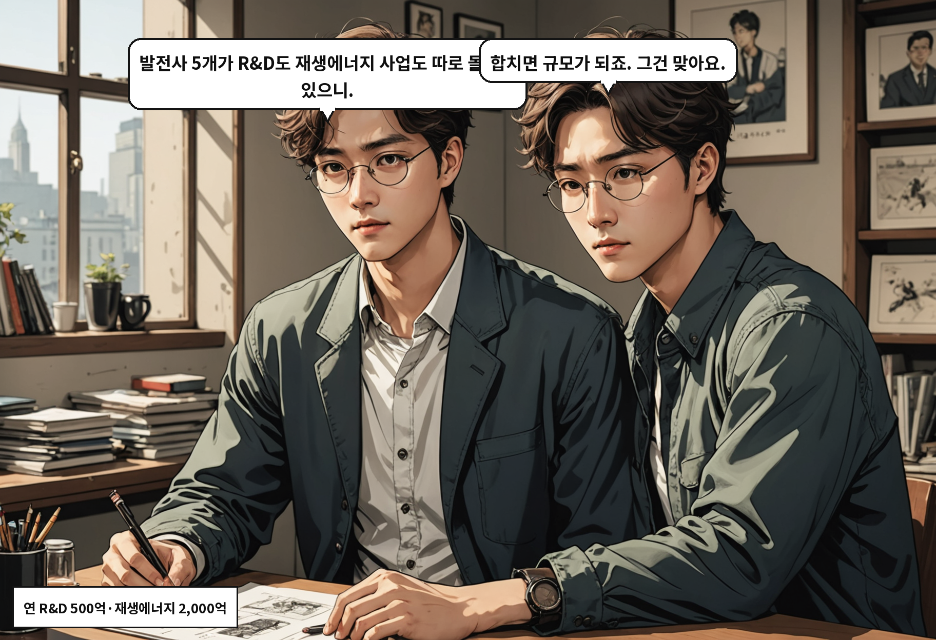 B: 발전사 5개가 R&D도 재생에너지 사업도 따로 돌리고 있으니. A: 합치면 규모가 되죠. 그건 맞아요.