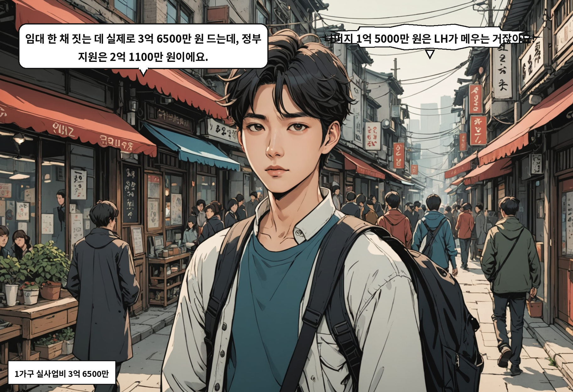 B: 임대 한 채 짓는 데 실제로 3억 6500만 원 드는데, 정부 지원은 2억 1100만 원이에요. A: 나머지 1억 5000만 원은 LH가 메우는 거잖아요!