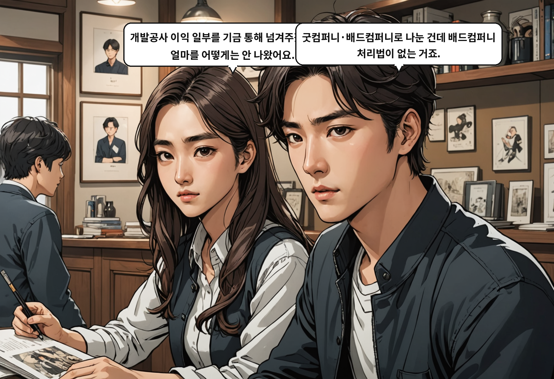 B: 개발공사 이익 일부를 기금 통해 넘겨주겠다는데, 얼마를 어떻게는 안 나왔어요. A: 굿컴퍼니·배드컴퍼니로 나눈 건데 배드컴퍼니 처리법이 없는 거죠.