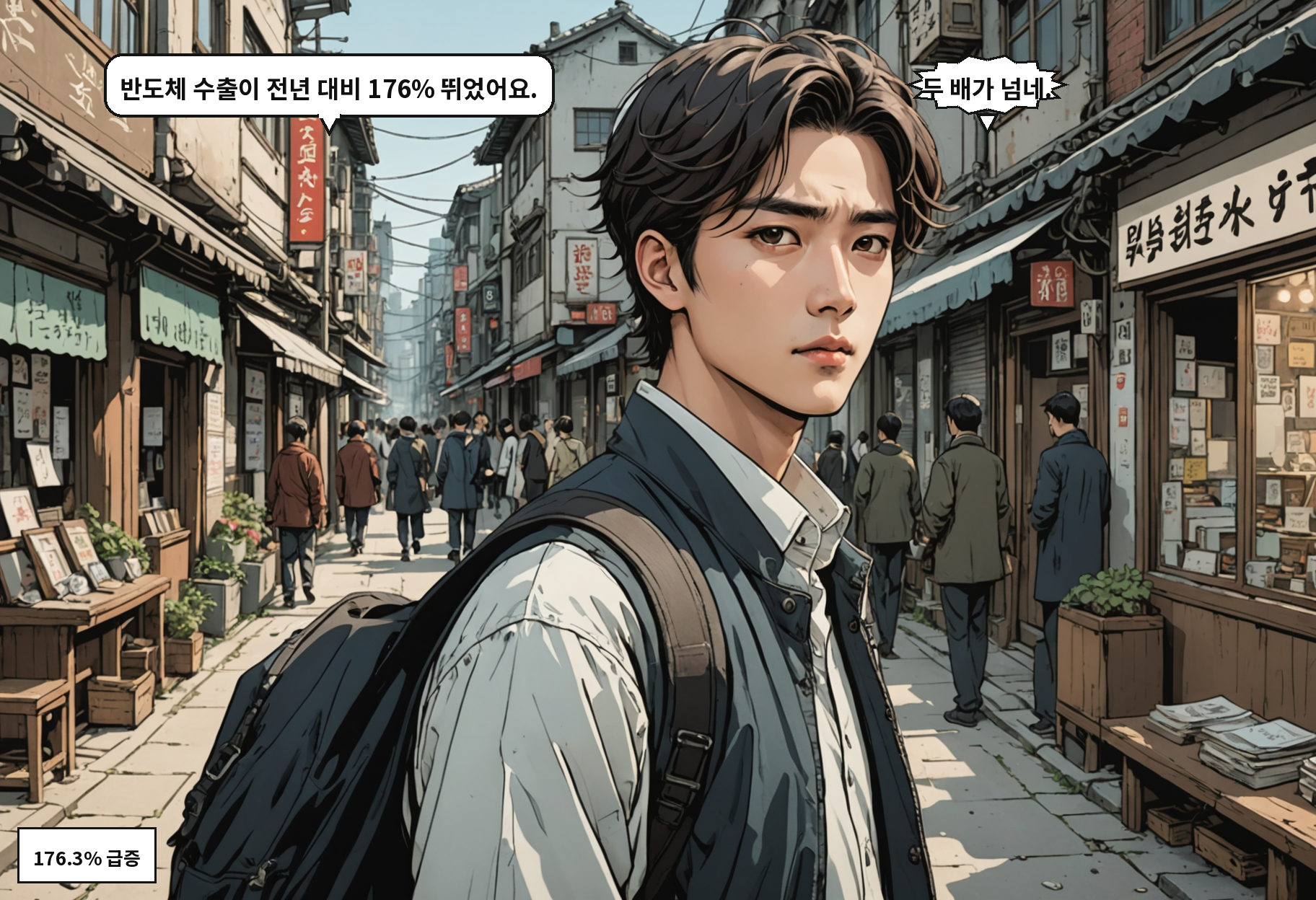 B: 반도체 수출이 전년 대비 176% 뛰었어요. A: 두 배가 넘네.