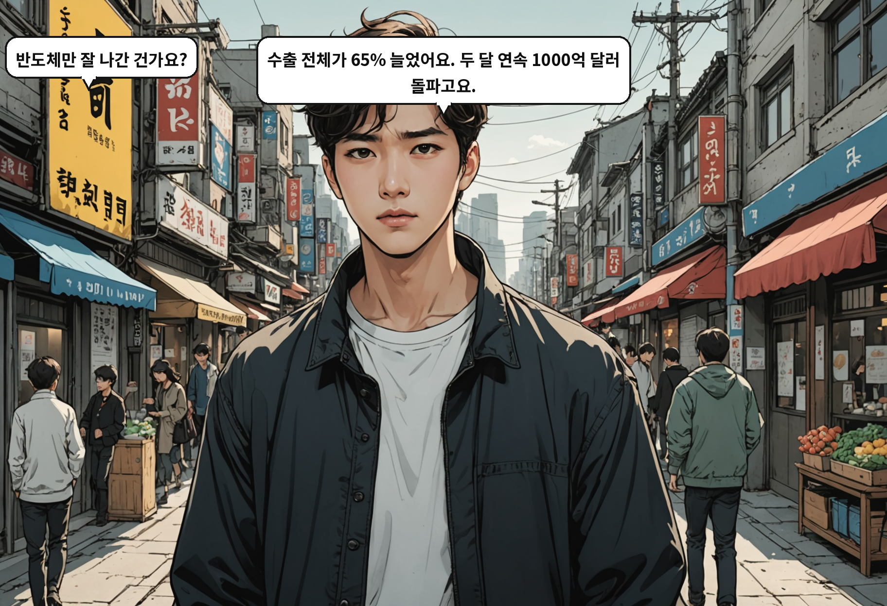 A: 반도체만 잘 나간 건가요? B: 수출 전체가 65% 늘었어요. 두 달 연속 1000억 달러 돌파고요.