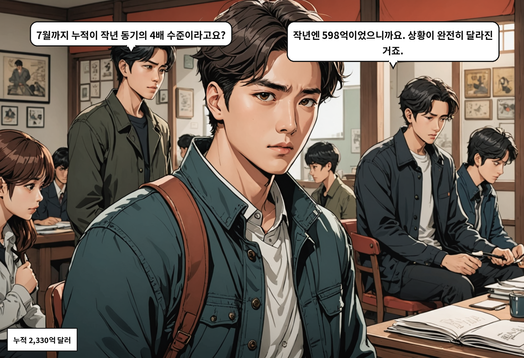 A: 7월까지 누적이 작년 동기의 4배 수준이라고요? B: 작년엔 598억이었으니까요. 상황이 완전히 달라진 거죠.