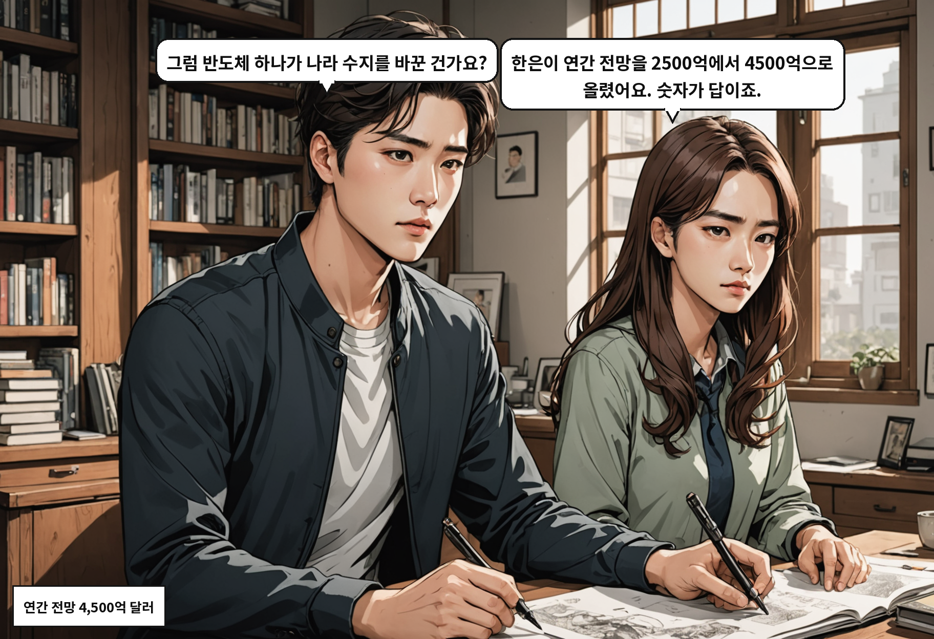 A: 그럼 반도체 하나가 나라 수지를 바꾼 건가요? B: 한은이 연간 전망을 2500억에서 4500억으로 올렸어요. 숫자가 답이죠.