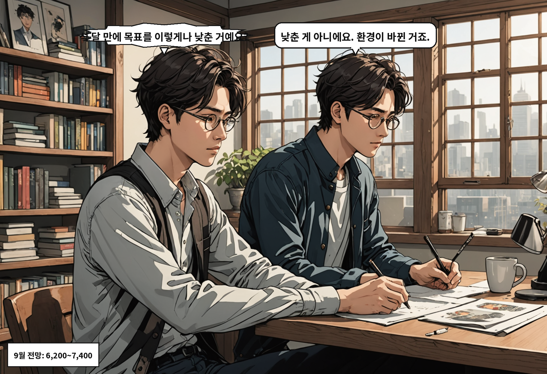 A: 석 달 만에 목표를 이렇게나 낮춘 거예요? B: 낮춘 게 아니에요. 환경이 바뀐 거죠.