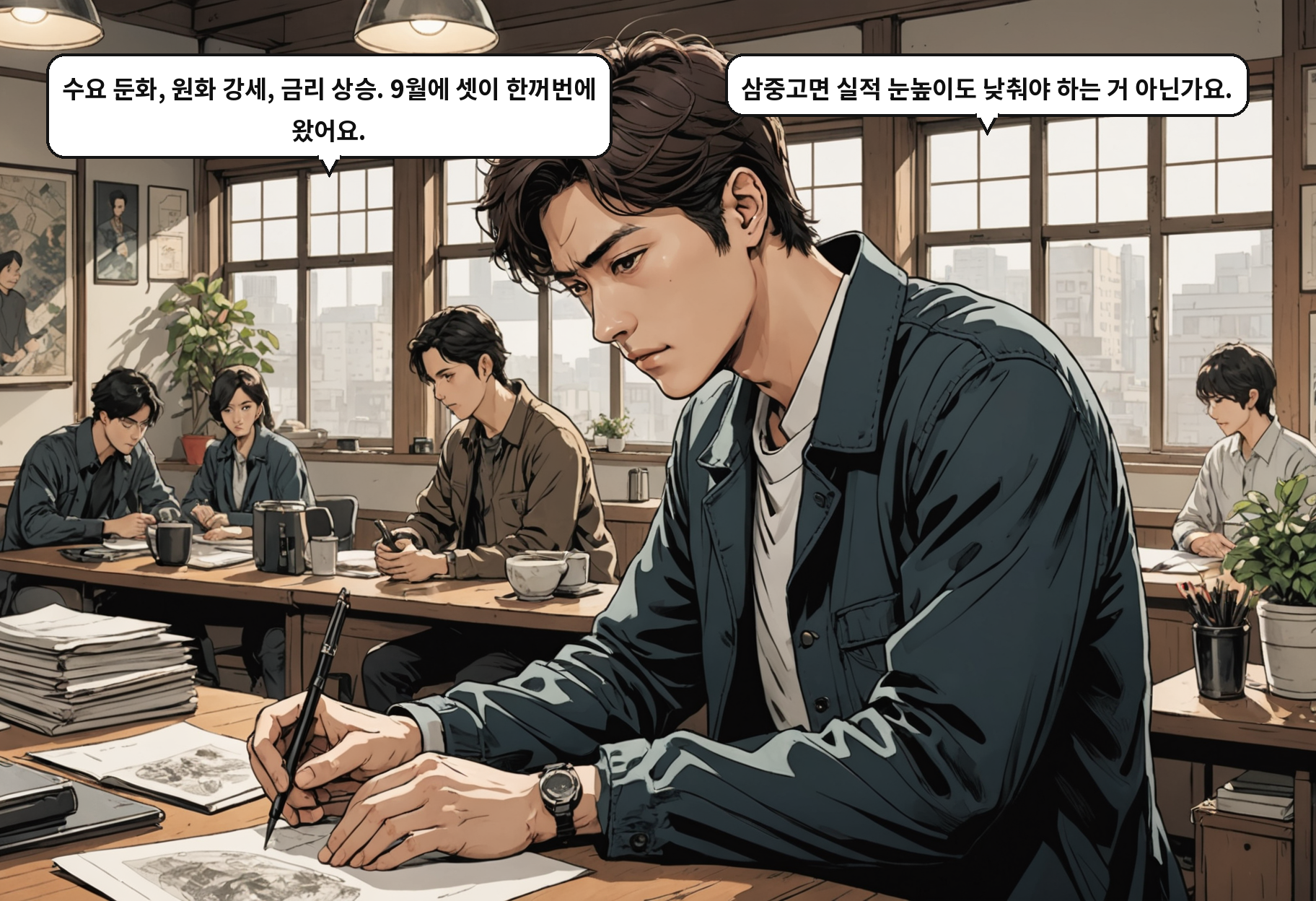 B: 수요 둔화, 원화 강세, 금리 상승. 9월에 셋이 한꺼번에 왔어요. A: 삼중고면 실적 눈높이도 낮춰야 하는 거 아닌가요.