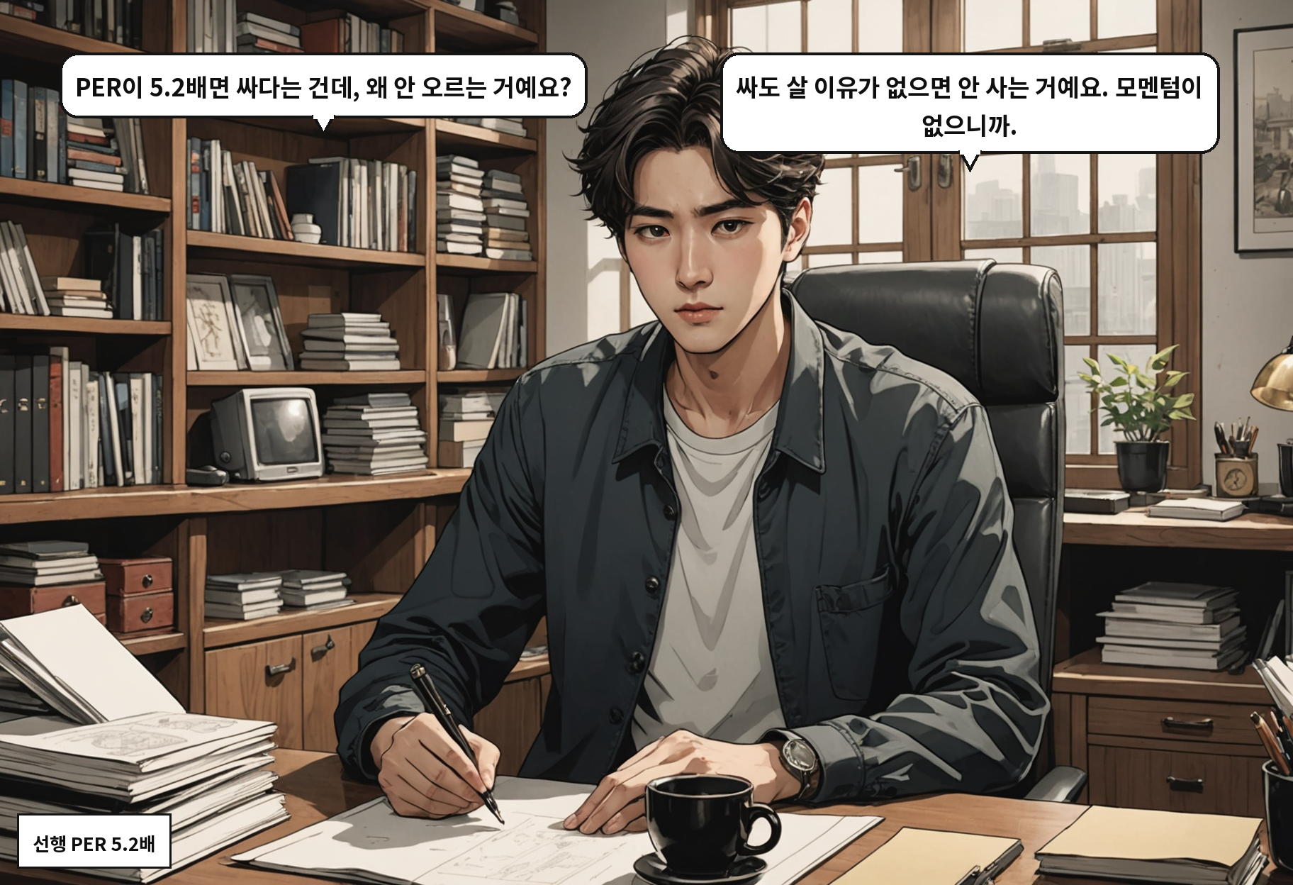 A: PER이 5.2배면 싸다는 건데, 왜 안 오르는 거예요? B: 싸도 살 이유가 없으면 안 사는 거예요. 모멘텀이 없으니까.