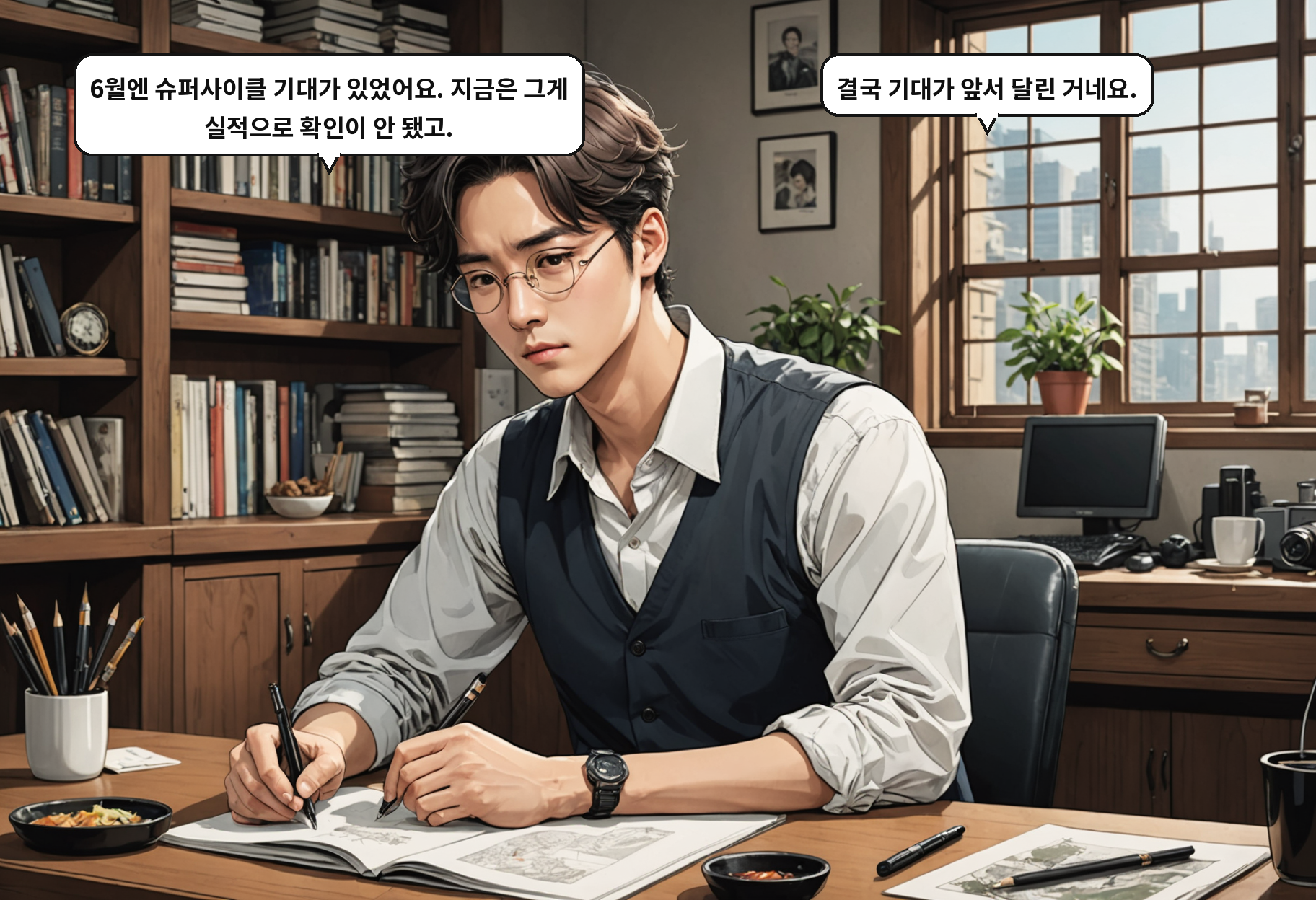 B: 6월엔 슈퍼사이클 기대가 있었어요. 지금은 그게 실적으로 확인이 안 됐고. A: 결국 기대가 앞서 달린 거네요.
