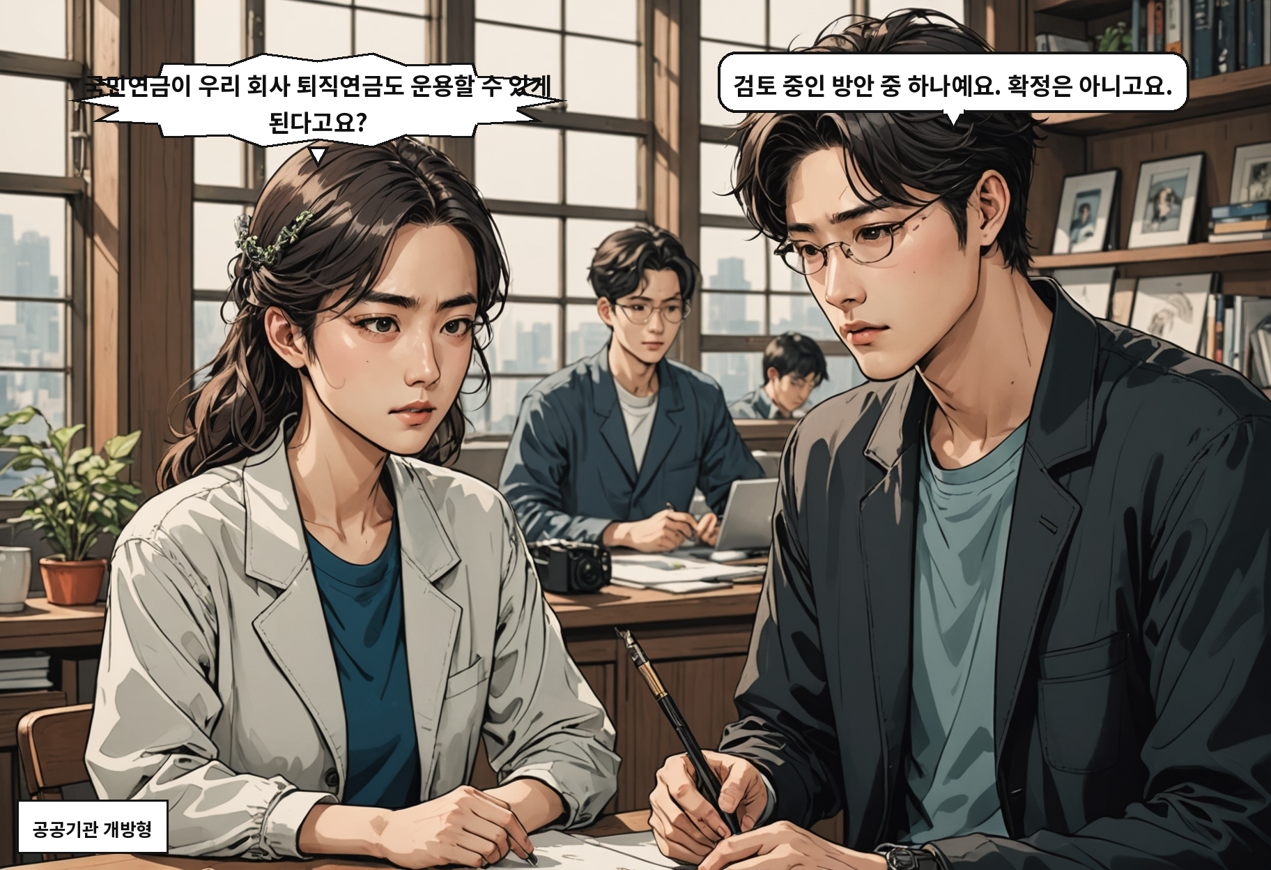 A: 국민연금이 우리 회사 퇴직연금도 운용할 수 있게 된다고요? B: 검토 중인 방안 중 하나예요. 확정은 아니고요.