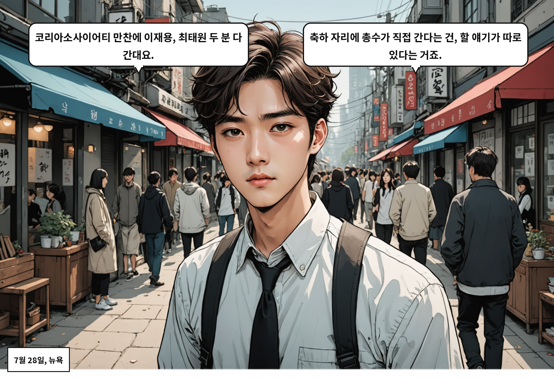A: 코리아소사이어티 만찬에 이재용, 최태원 두 분 다 간대요. B: 축하 자리에 총수가 직접 간다는 건, 할 얘기가 따로 있다는 거죠.