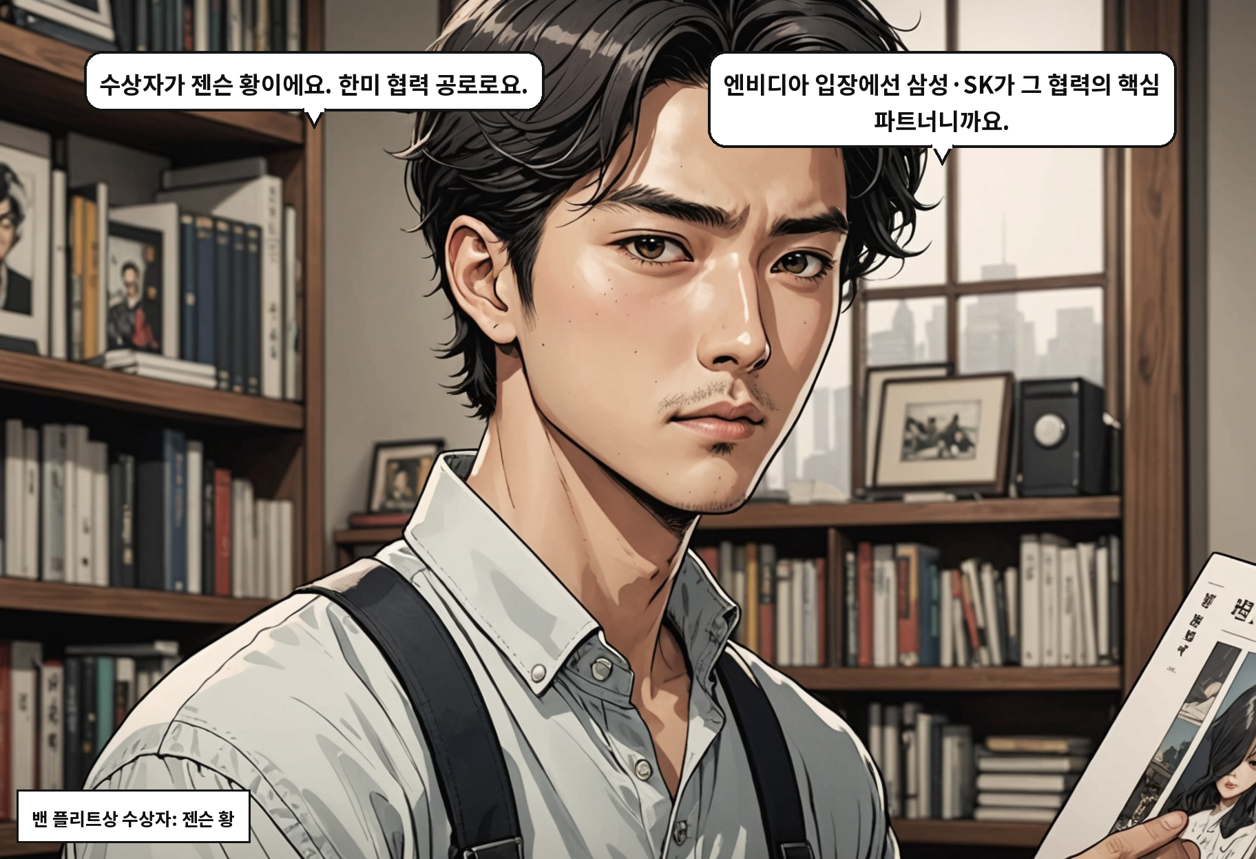 A: 수상자가 젠슨 황이에요. 한미 협력 공로로요. B: 엔비디아 입장에선 삼성·SK가 그 협력의 핵심 파트너니까요.