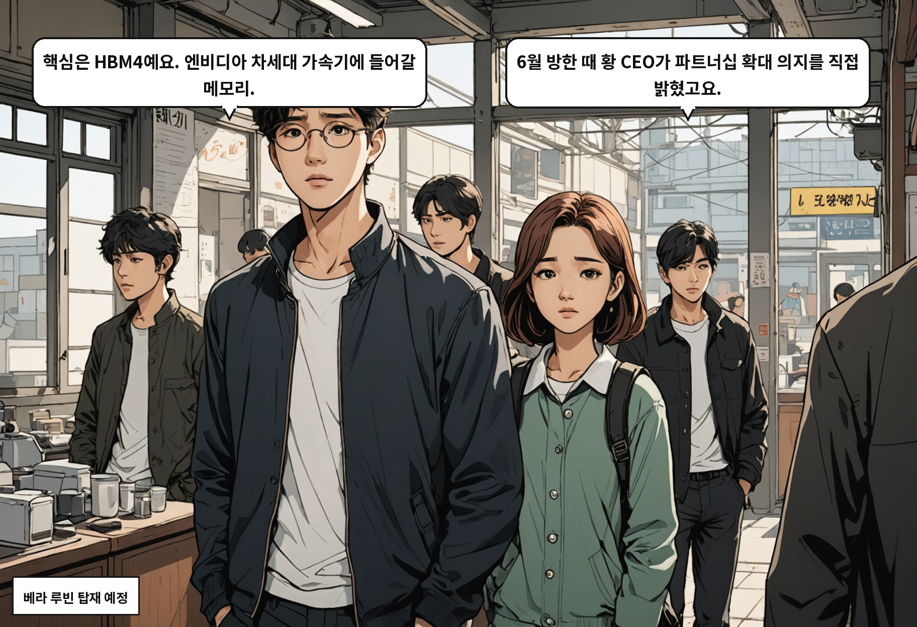 B: 핵심은 HBM4예요. 엔비디아 차세대 가속기에 들어갈 메모리. A: 6월 방한 때 황 CEO가 파트너십 확대 의지를 직접 밝혔고요.