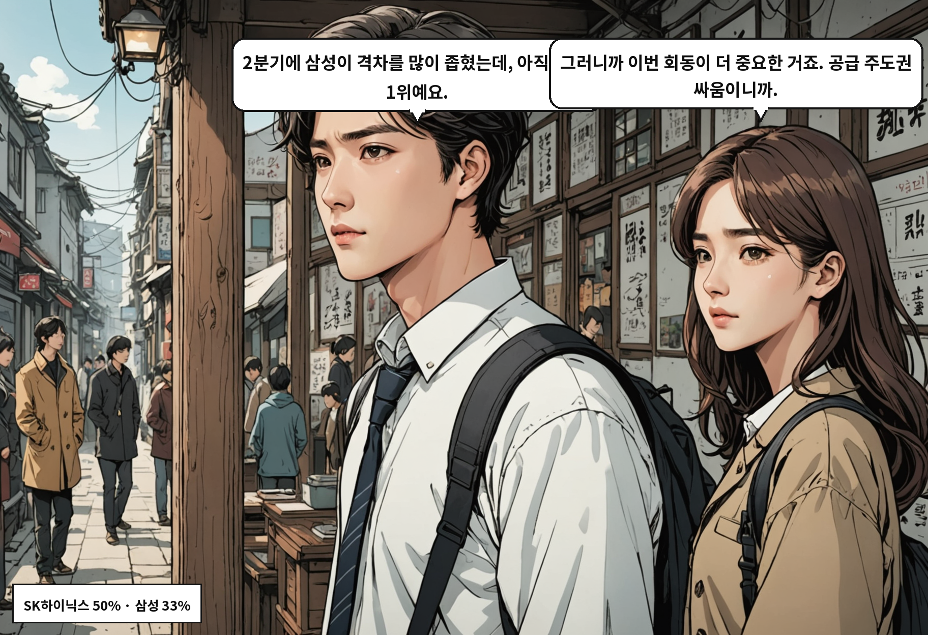 A: 2분기에 삼성이 격차를 많이 좁혔는데, 아직 SK가 1위예요. B: 그러니까 이번 회동이 더 중요한 거죠. 공급 주도권 싸움이니까.