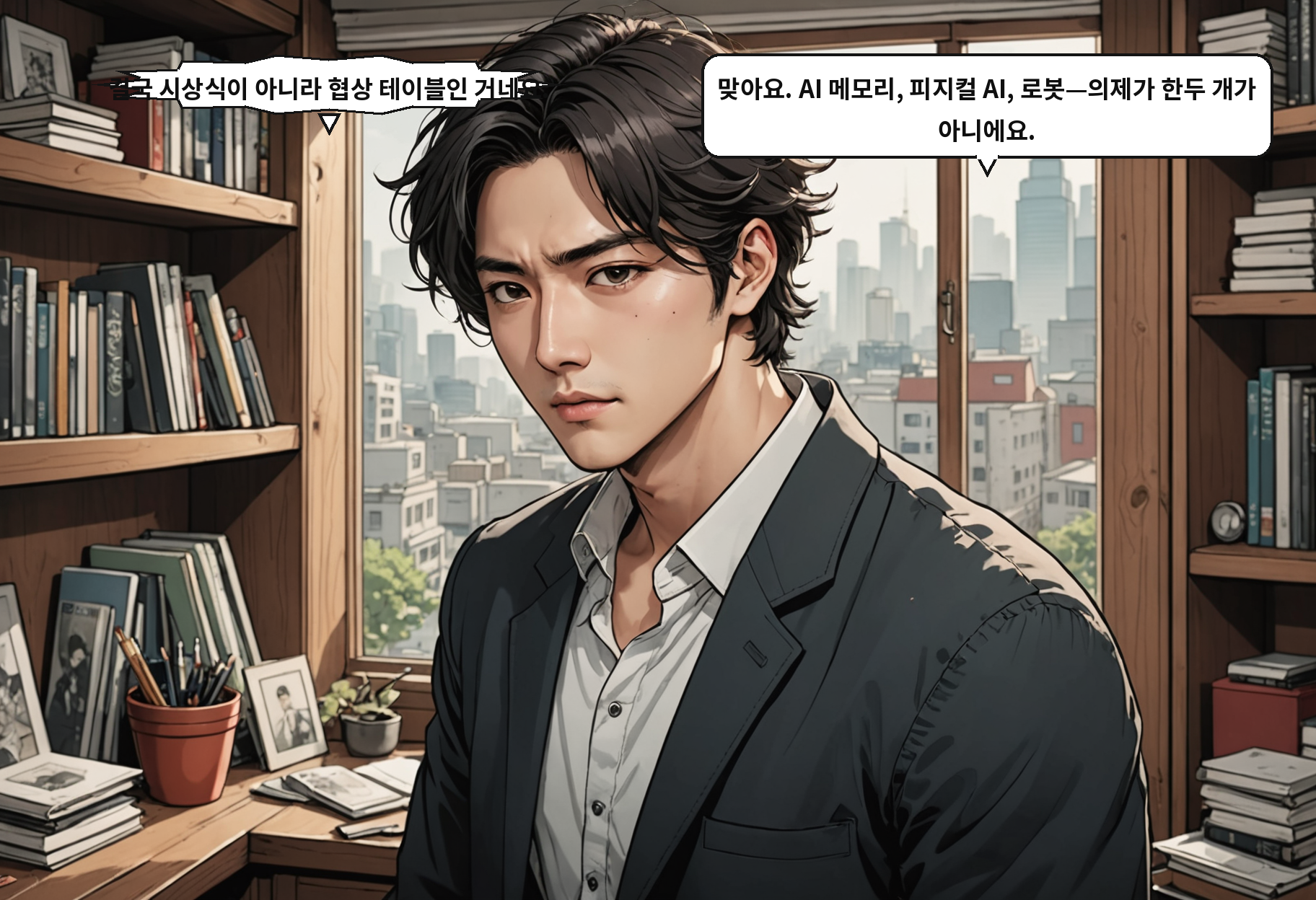 A: 결국 시상식이 아니라 협상 테이블인 거네요. B: 맞아요. AI 메모리, 피지컬 AI, 로봇—의제가 한두 개가 아니에요.