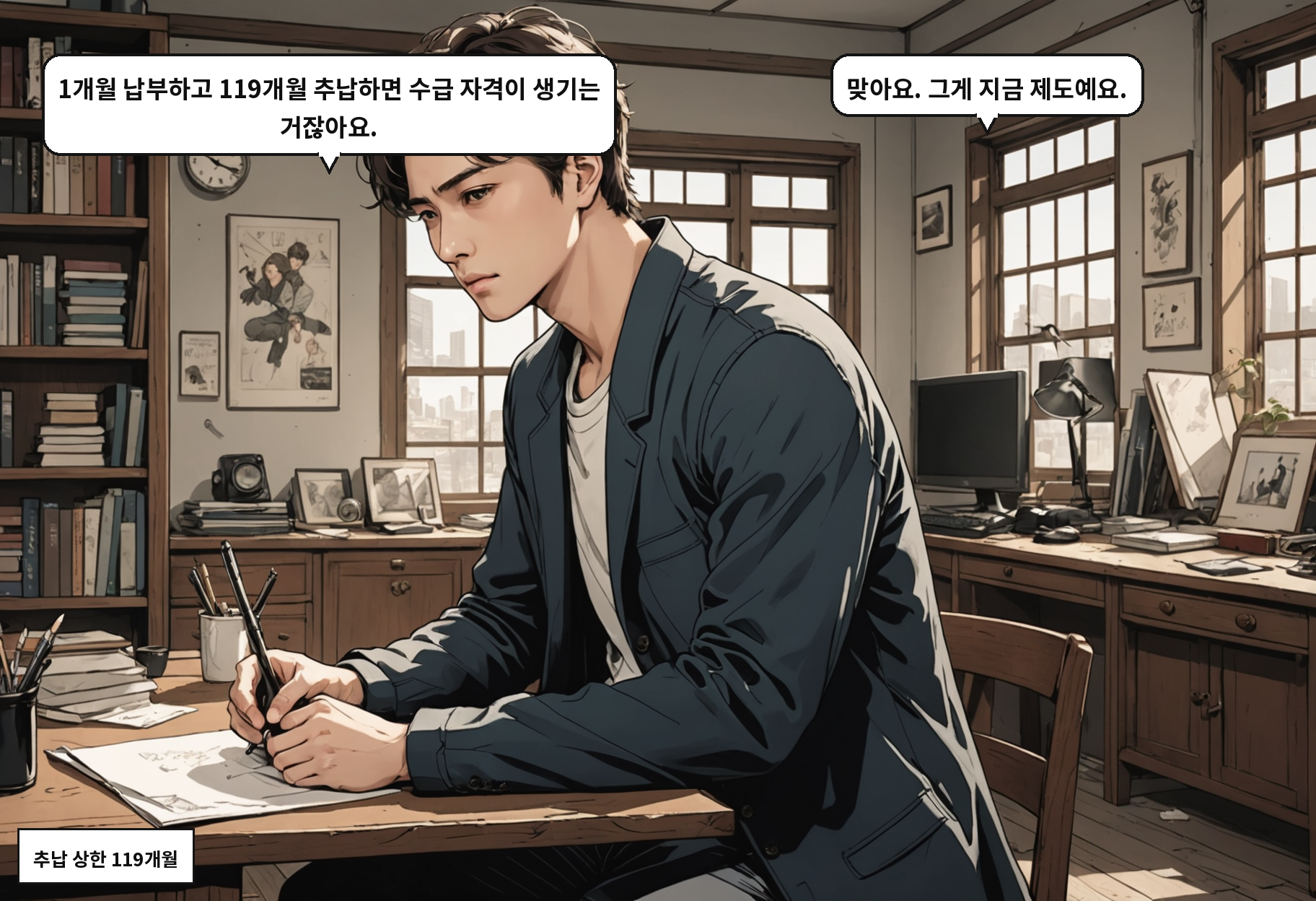 B: 1개월 납부하고 119개월 추납하면 수급 자격이 생기는 거잖아요. A: 맞아요. 그게 지금 제도예요.