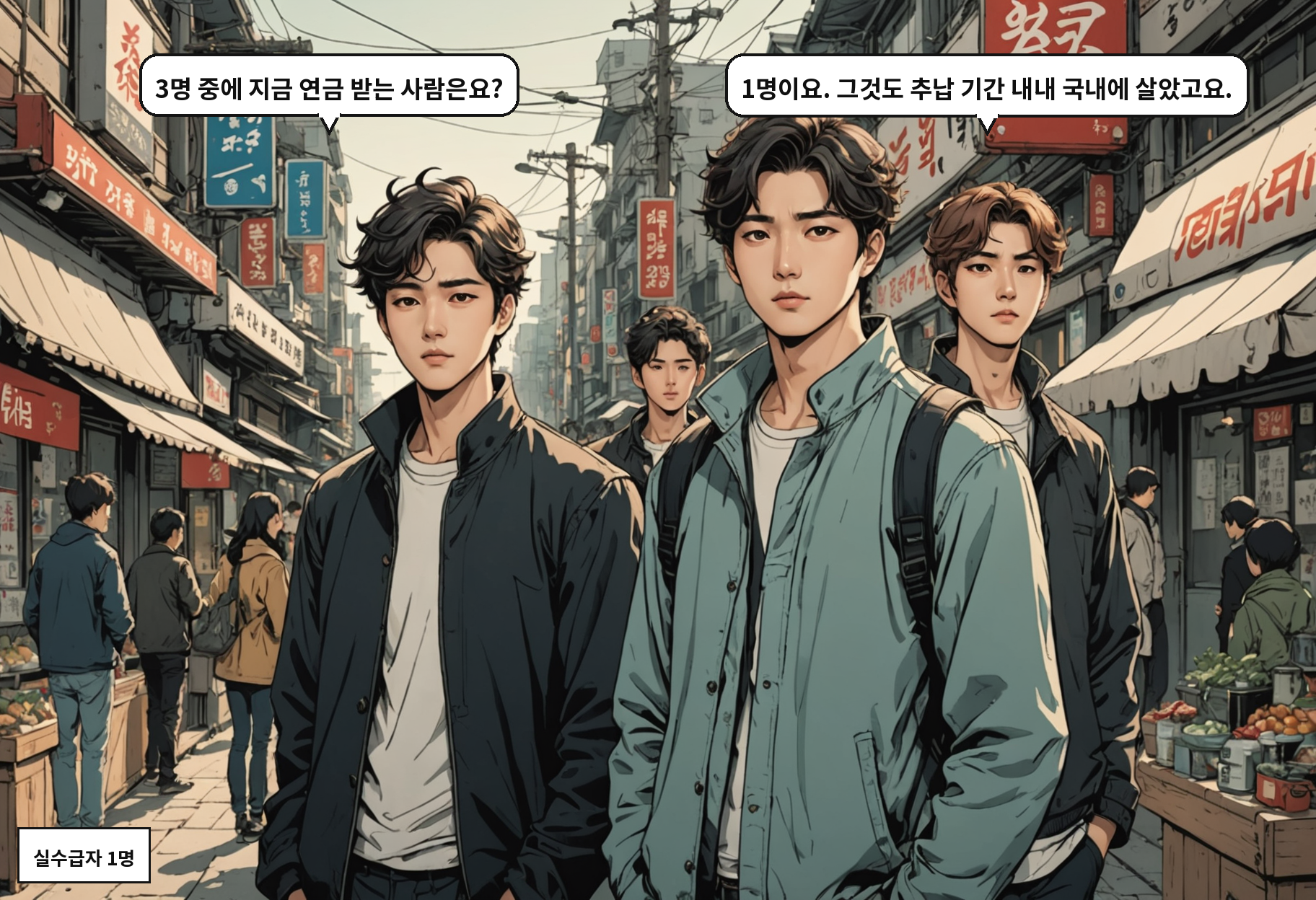 B: 3명 중에 지금 연금 받는 사람은요? A: 1명이요. 그것도 추납 기간 내내 국내에 살았고요.