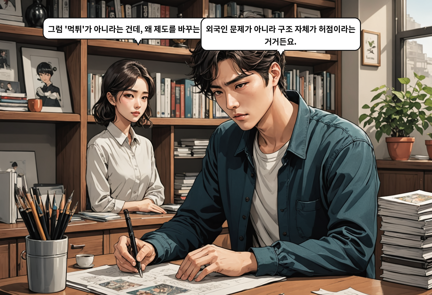 B: 그럼 '먹튀'가 아니라는 건데, 왜 제도를 바꾸는 거예요? A: 외국인 문제가 아니라 구조 자체가 허점이라는 거거든요.