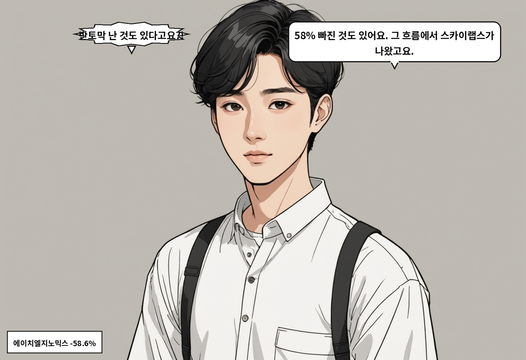 B: 반토막 난 것도 있다고요?! A: 58% 빠진 것도 있어요. 그 흐름에서 스카이랩스가 나왔고요.