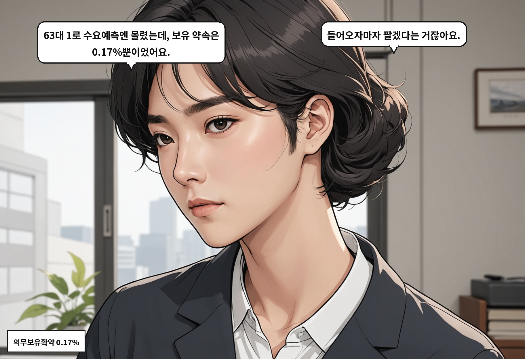 A: 63대 1로 수요예측엔 몰렸는데, 보유 약속은 0.17%뿐이었어요. B: 들어오자마자 팔겠다는 거잖아요.