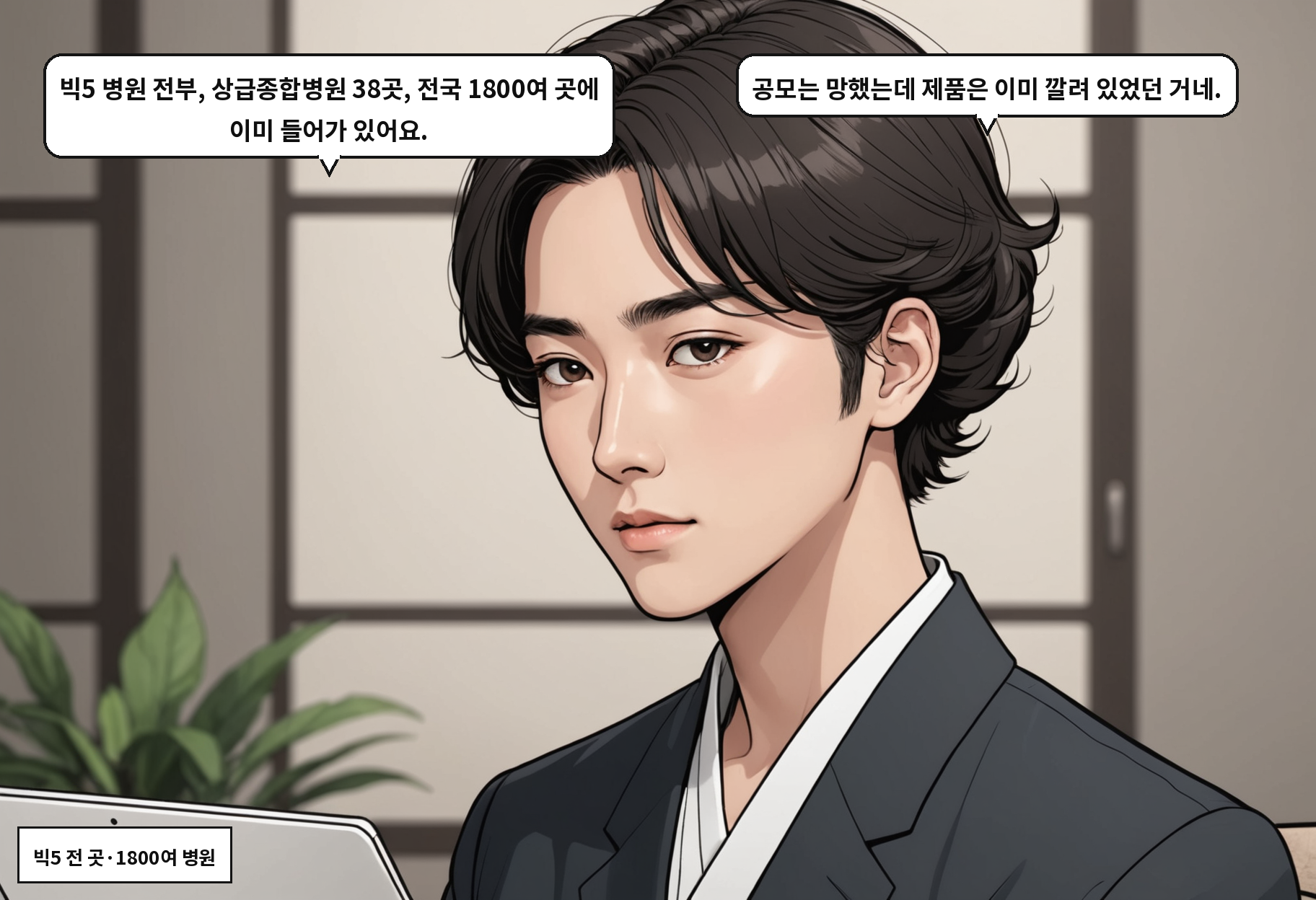 A: 빅5 병원 전부, 상급종합병원 38곳, 전국 1800여 곳에 이미 들어가 있어요. B: 공모는 망했는데 제품은 이미 깔려 있었던 거네.
