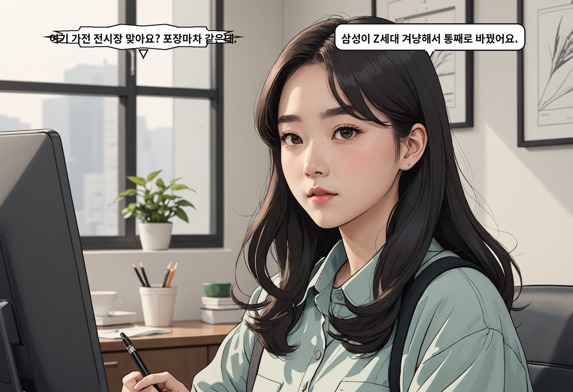 A: 여기 가전 전시장 맞아요? 포장마차 같은데. B: 삼성이 Z세대 겨냥해서 통째로 바꿨어요.