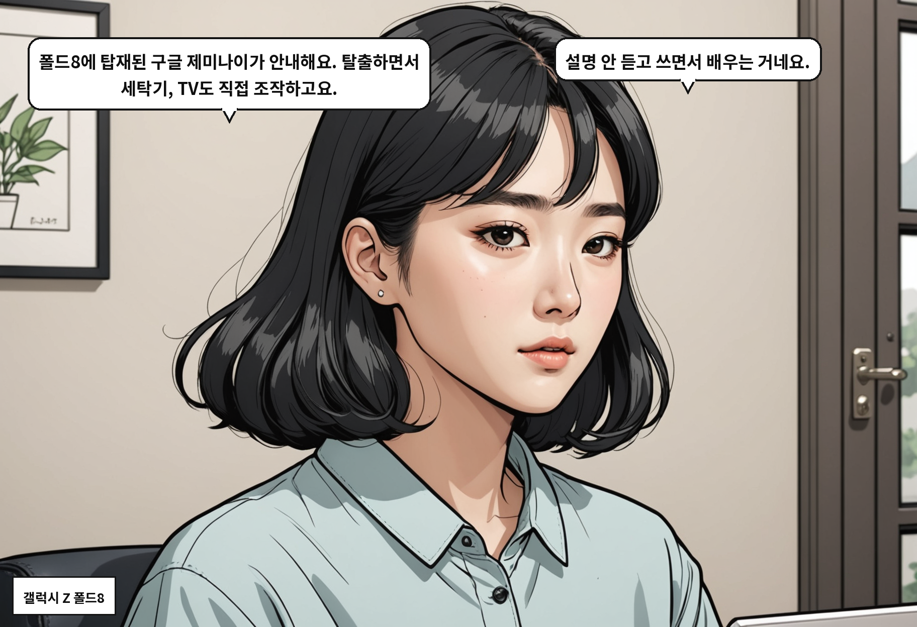 B: 폴드8에 탑재된 구글 제미나이가 안내해요. 탈출하면서 세탁기, TV도 직접 조작하고요. A: 설명 안 듣고 쓰면서 배우는 거네요.